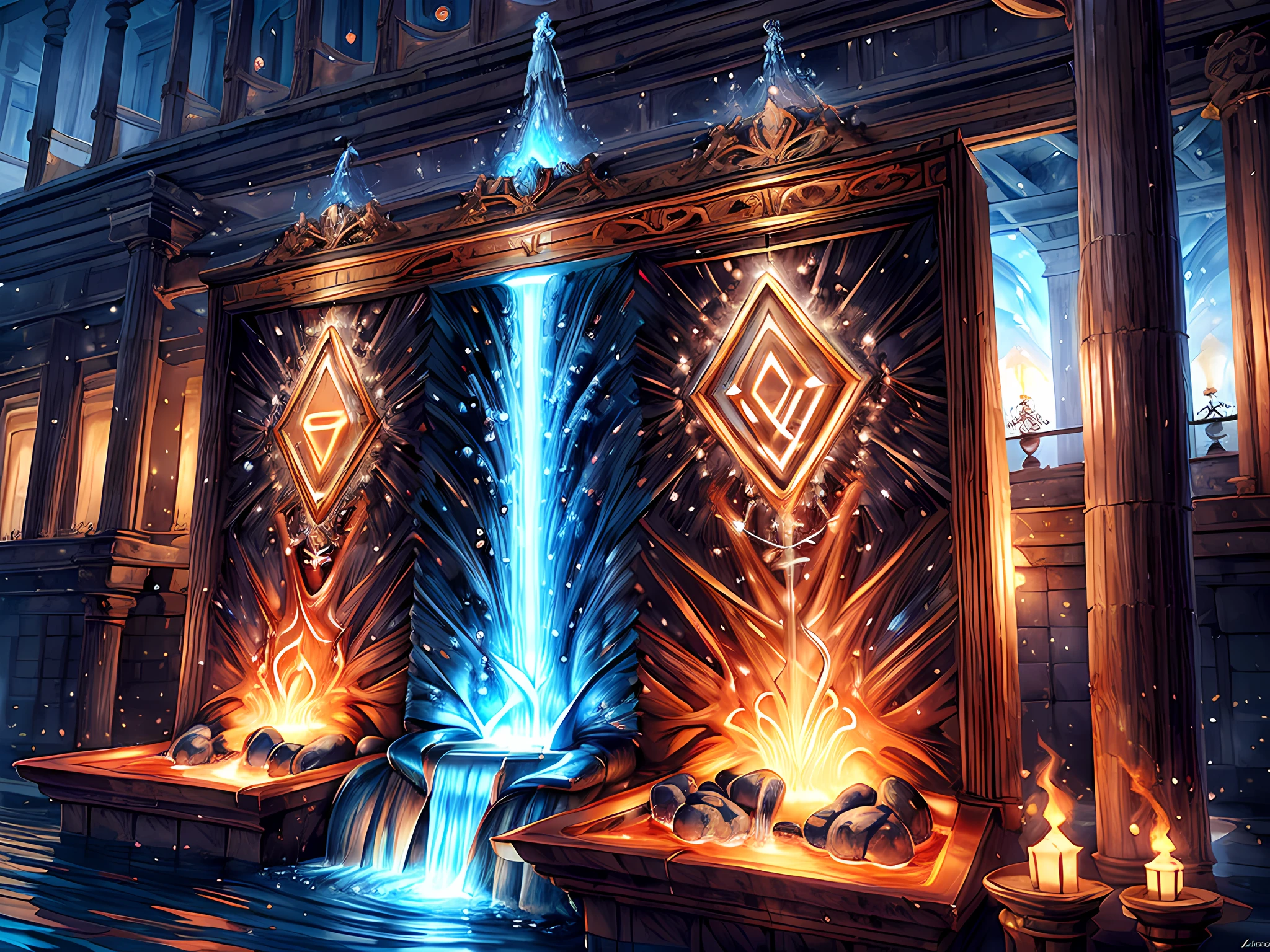 Fantasy art, RPG art, RAW, a picture of an epic sized magical (water fountain: 1.3) in an elven city town square, it has magical runes gl0w1ngR in the basin of the fountain, many rivulets of water entwined in (glowing fire: 1.2), gl0w1ngR , the fire, red fire, is combined with the water streams, its night time, moon is rising, photorealistic, 16k, RAW, award winning, (best detailed: 1.5), masterpiece, best quality, (ultra detailed), full body, ultra wide shot,