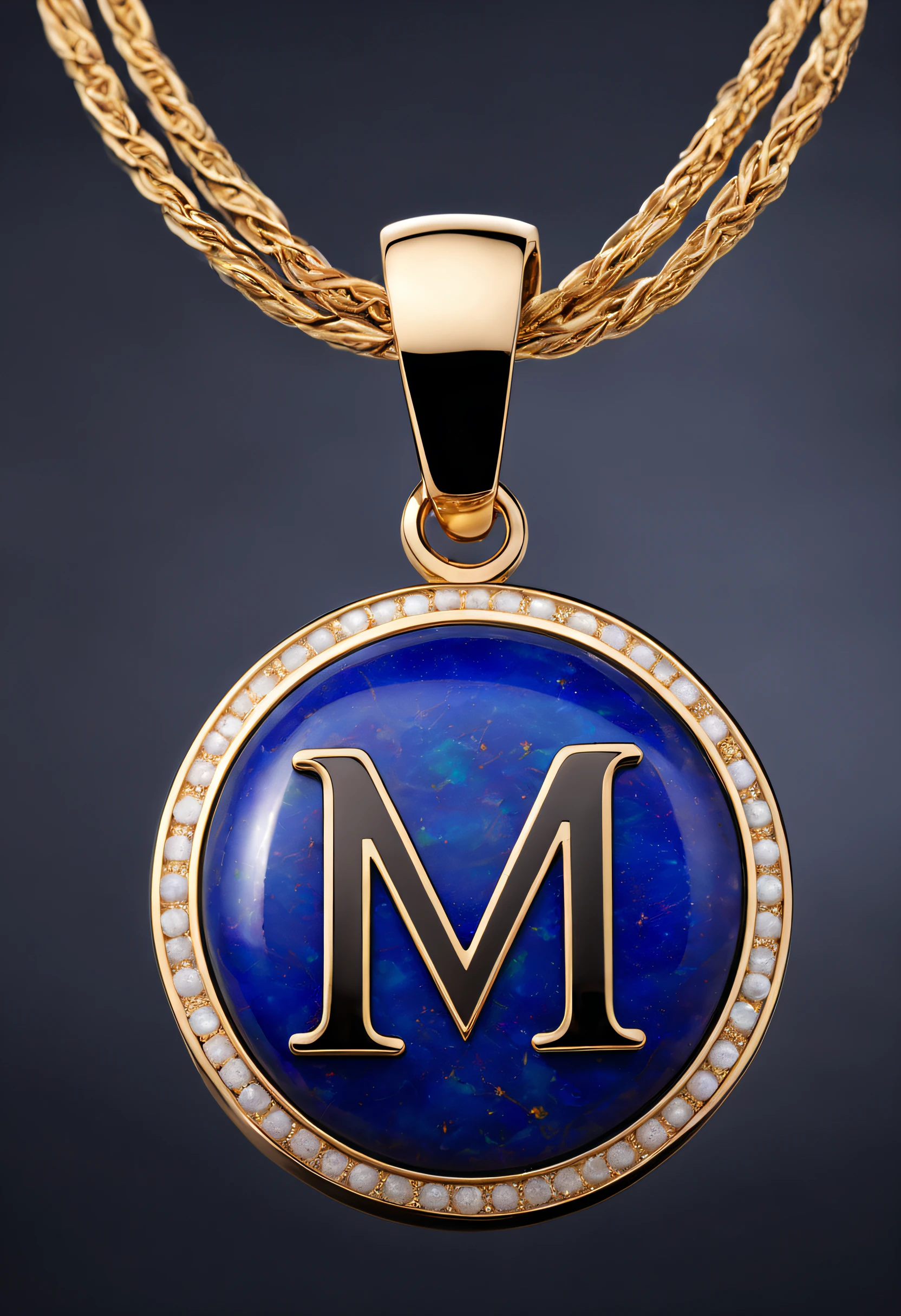 pendant design,Logo design,European and American minimalist style, (Letter M pendant design), (double opal:1.0), Black gold border, lapis lazuli,turquesa,black shell,Van Cleef & Arpels & alpes & alps ,cartier, Background with: The white,The content is very detailed, Best quality, tmasterpiece, A high resolution, hyper realisitc, 8K,gentlesoftlighting,