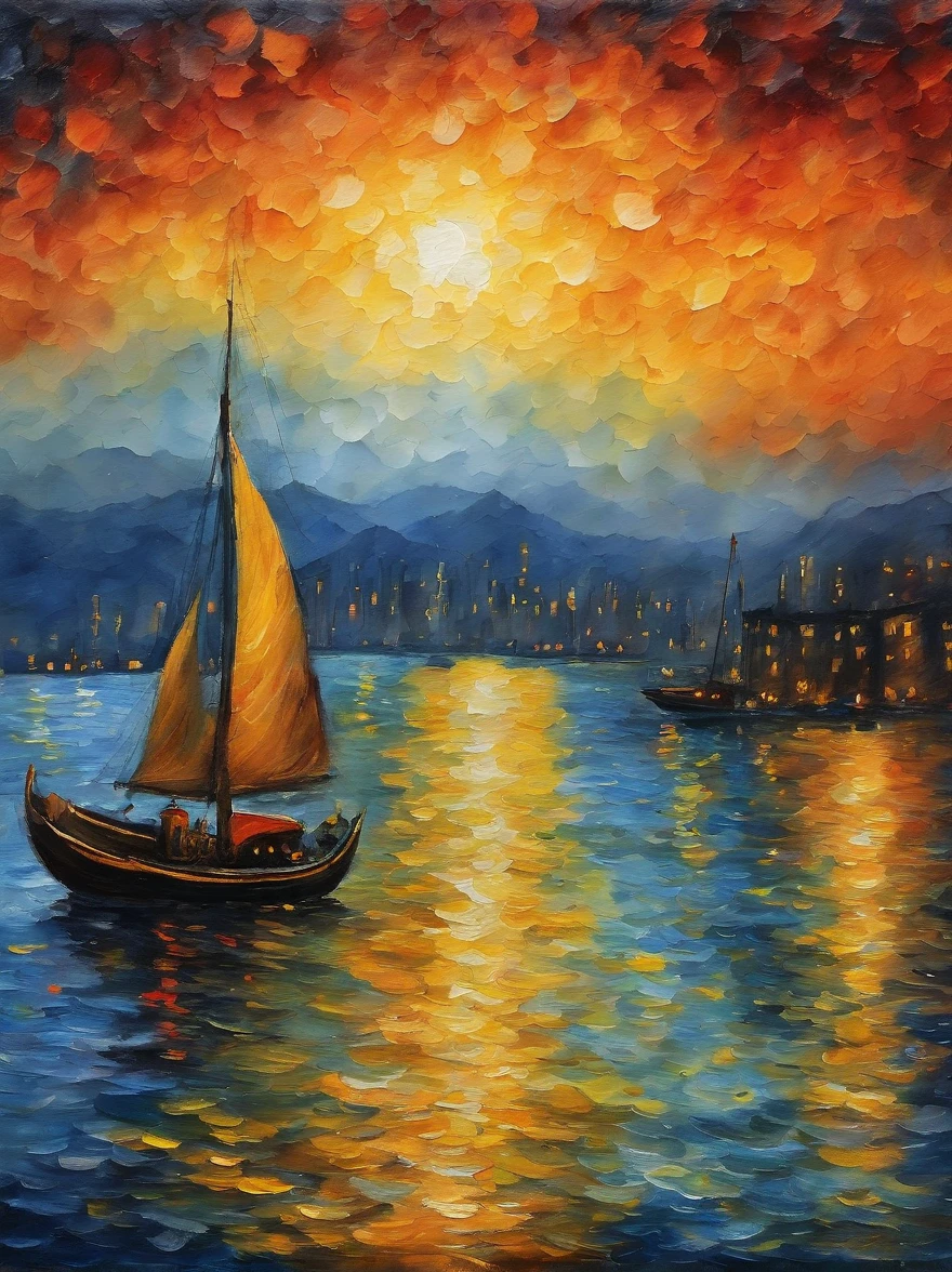 Van Gogh‘s painting style, Hong Kong Victoria Harbor night view, Star night, Color Field painting, Impressionism, chiaroscuro, vanishing point, wide shot, Ultra-Wide Angle, 8k, super detail, ccurate, best quality, masterpiece, best quality