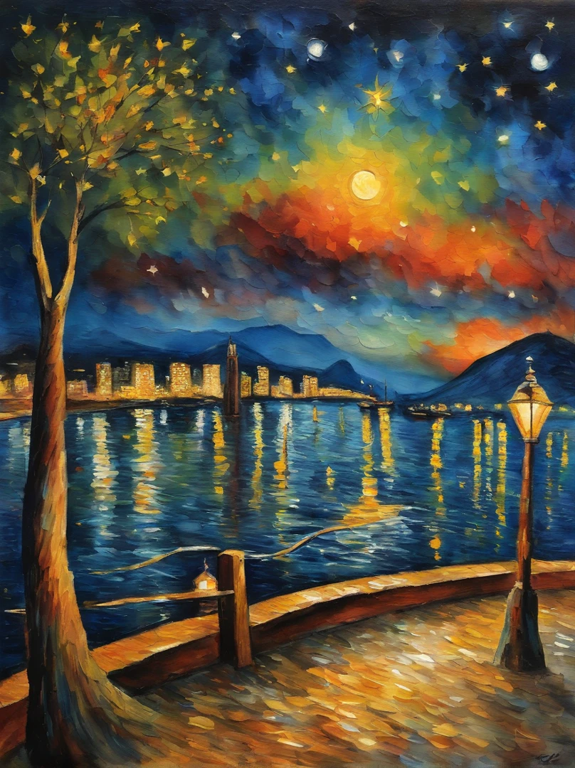 Van Gogh‘s painting style, Hong Kong Victoria Harbor night view, Star night, Color Field painting, Impressionism, chiaroscuro, vanishing point, wide shot, Ultra-Wide Angle, 8k, super detail, ccurate, best quality, masterpiece, best quality