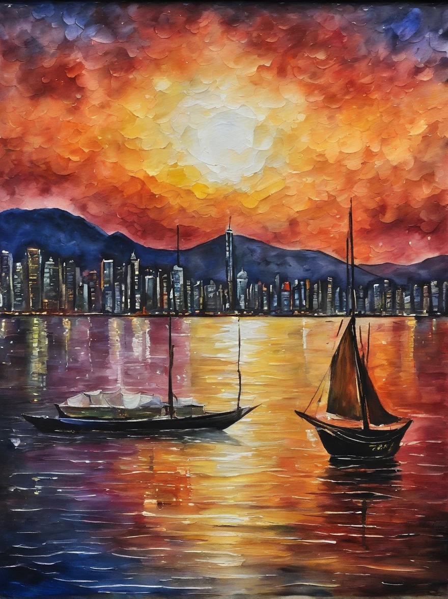 Van Gogh‘s painting style, Hong Kong Victoria Harbor night view, Star night, Color Field painting, Impressionism, chiaroscuro, vanishing point, wide shot, Ultra-Wide Angle, 8k, super detail, ccurate, best quality, masterpiece, best quality