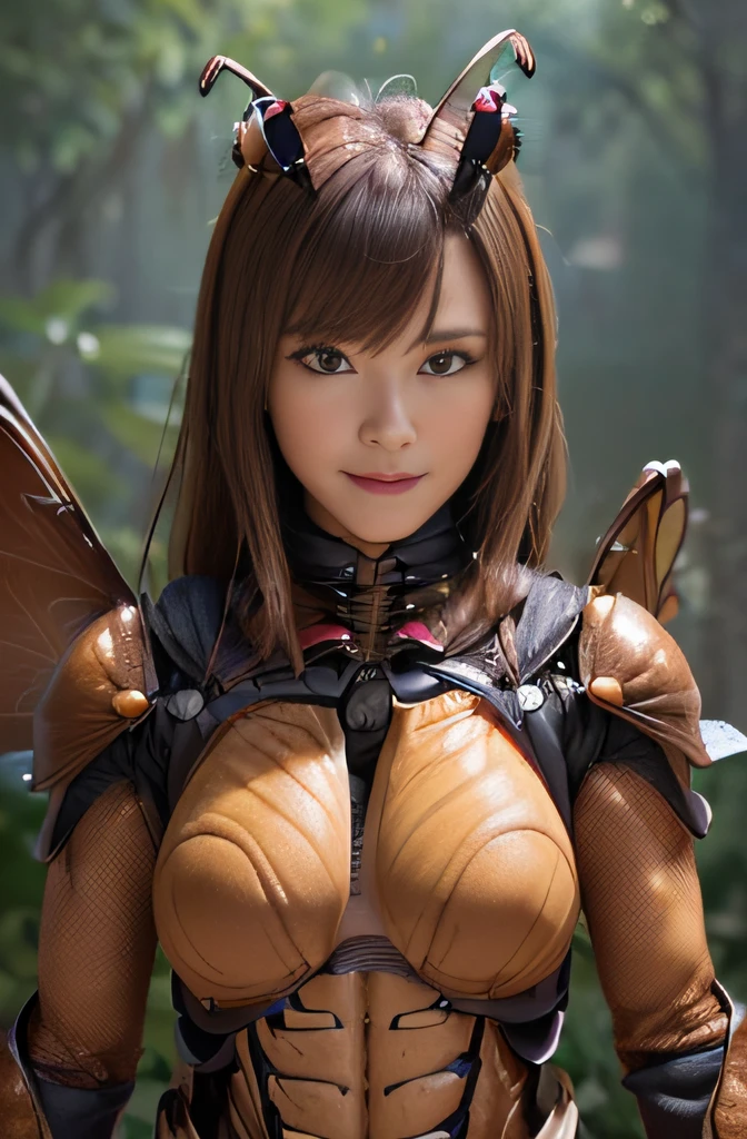 (high resolution,masterpiece,best quality,extremely detailed CG, anime, official art:1.4), realistic, photo, amazing fine details, all intricate, gloss and shiny,awesome many layers, 8k wall paper, 3d, sketch, kawaii, illustration,( solo:1.4), perfect female proportion,villainess, (fusion of dark brown cockroach and lady:1.4), (brown cockroach form lady:1.2), (brown cockroach lady:1.2), (fusion:1.2), (solo:1.4), (evil smile:1.2), muscular, abs, (cockroach brown exoskeleton bio insect suit:1.4), (cockroach brown exoskeleton bio insect armor:1.2), (brown transparency cockroach wing:1.4), (brown cockroach antennae:1.3),