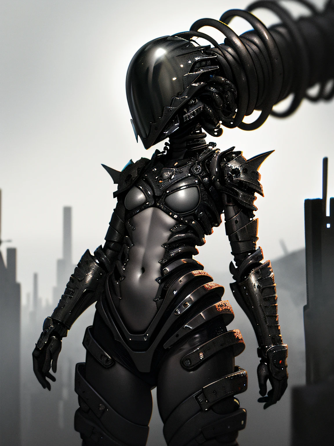 ((beautiful biopunk girl)), dark gray skin, cone helmet, green glowing eyes, many arms, glossy skin, open belly, short clothes, sharp clothing, dark gray tentacles, gloomy cold lighting, grey desert, grey wasteland, lots of grey sand, (scorn videogame style), horror atmosphere, (presence of something terrible), highly detailed biopunk background, background by Hans Giger, perfect anatomy, ((biopunk atmosphere))