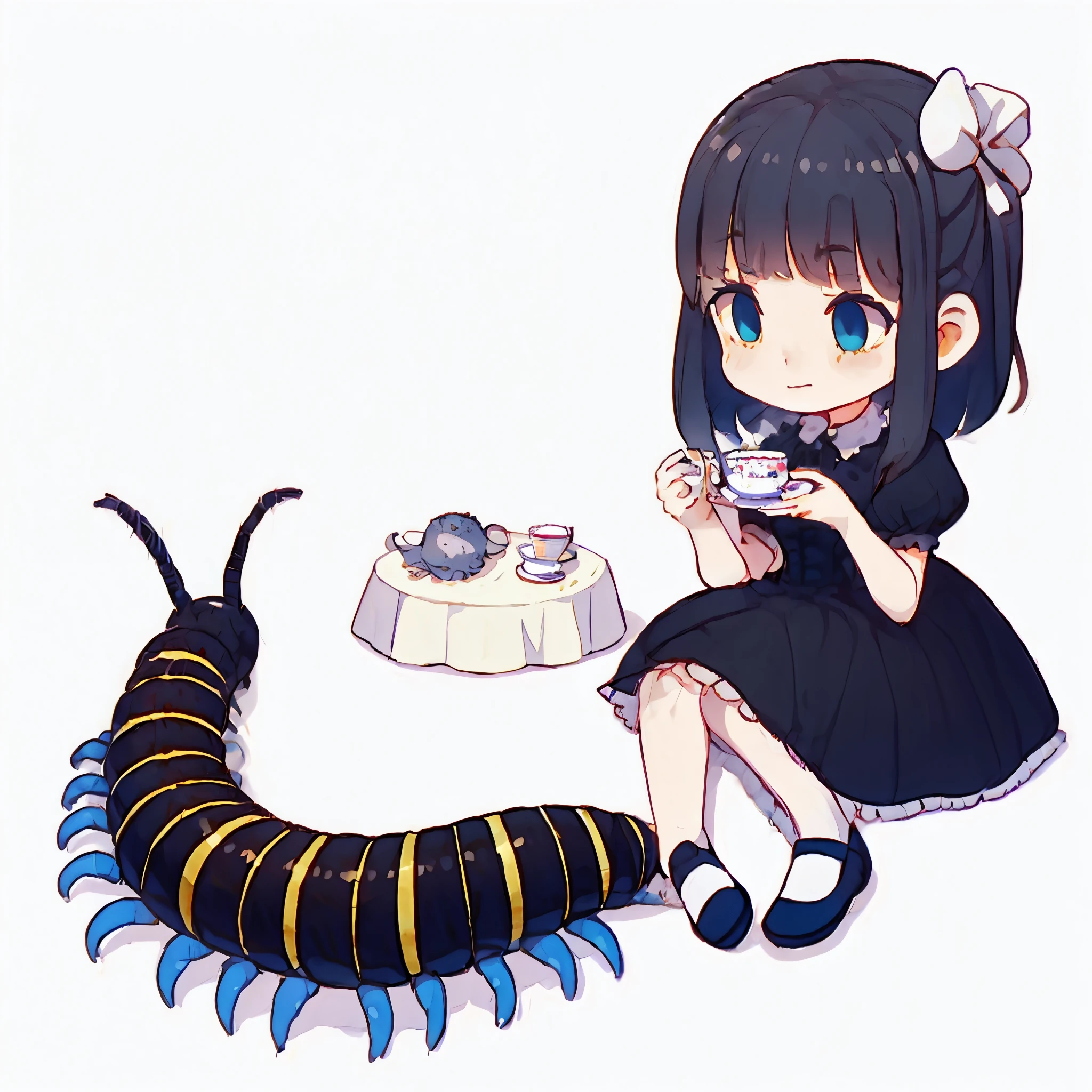 A girl having a tea party with a centipede. Her centipede body is a contrast of navy blue and yellow. her legs are blue. she is a little girl in a black dress.