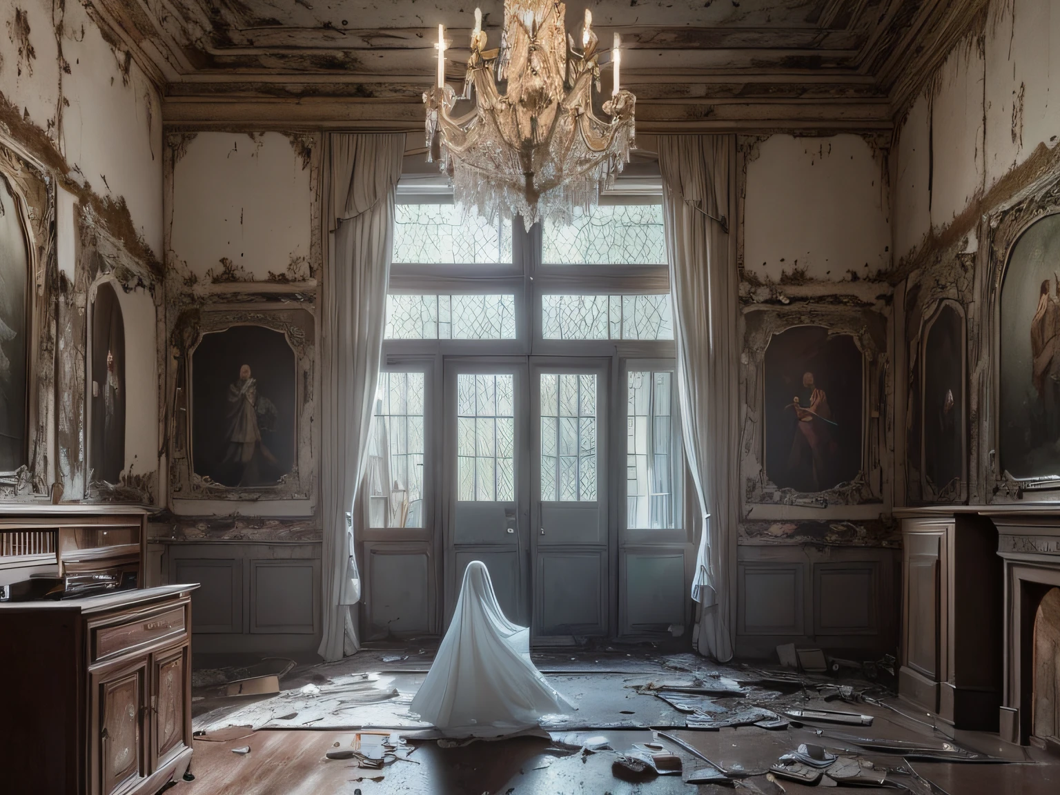 A ghost haunting an abandoned mansion (8k, RAW photo, best quality, masterpiece:1.2), (realistic, photo-realistic:1.37),best quality, ultra high res, (photorealistic:1.4)