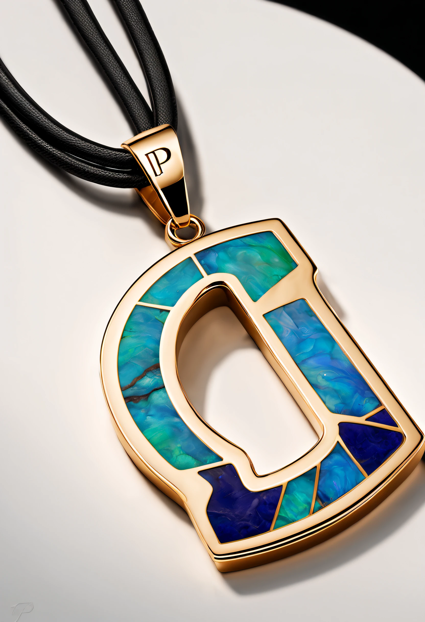 pendant design,Logo design,European and American minimalist style, (Letter P pendant design), (double opal:1.0), Black gold border, lapis lazuli,turquesa,black shell,Van Cleef & Arpels & alpes & alps ,cartier, Background with: The white,The content is very detailed, Best quality, tmasterpiece, A high resolution, hyper realisitc, 8K,gentlesoftlighting,