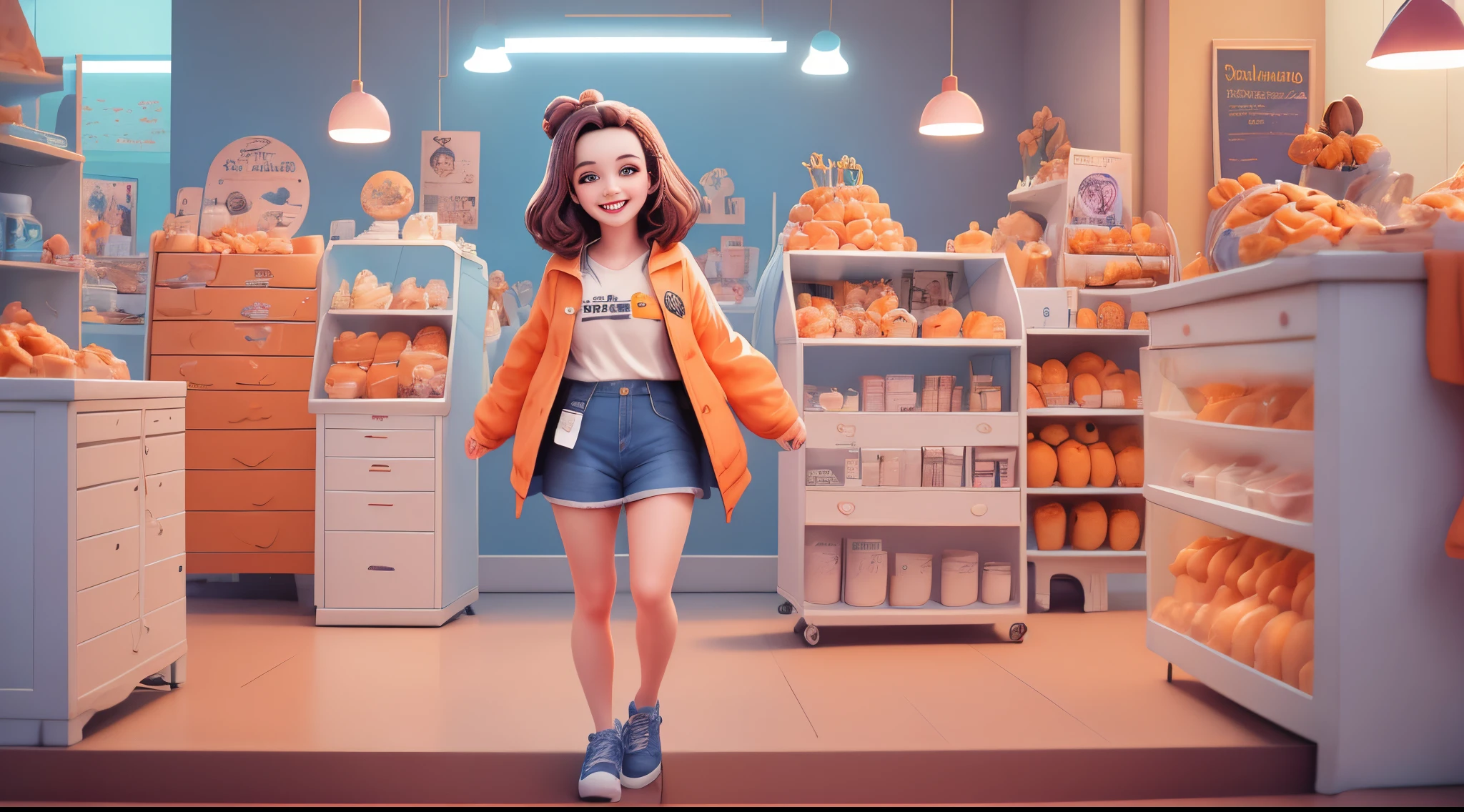 Crie um personagem no estilo Disney Pixar de uma mulher deslumbrante de 23 anos, estilo estudante, moletom rosa, cabelo preso, laranja, sorriso com covinhas na bochecha, fundo da imagem com brilhos