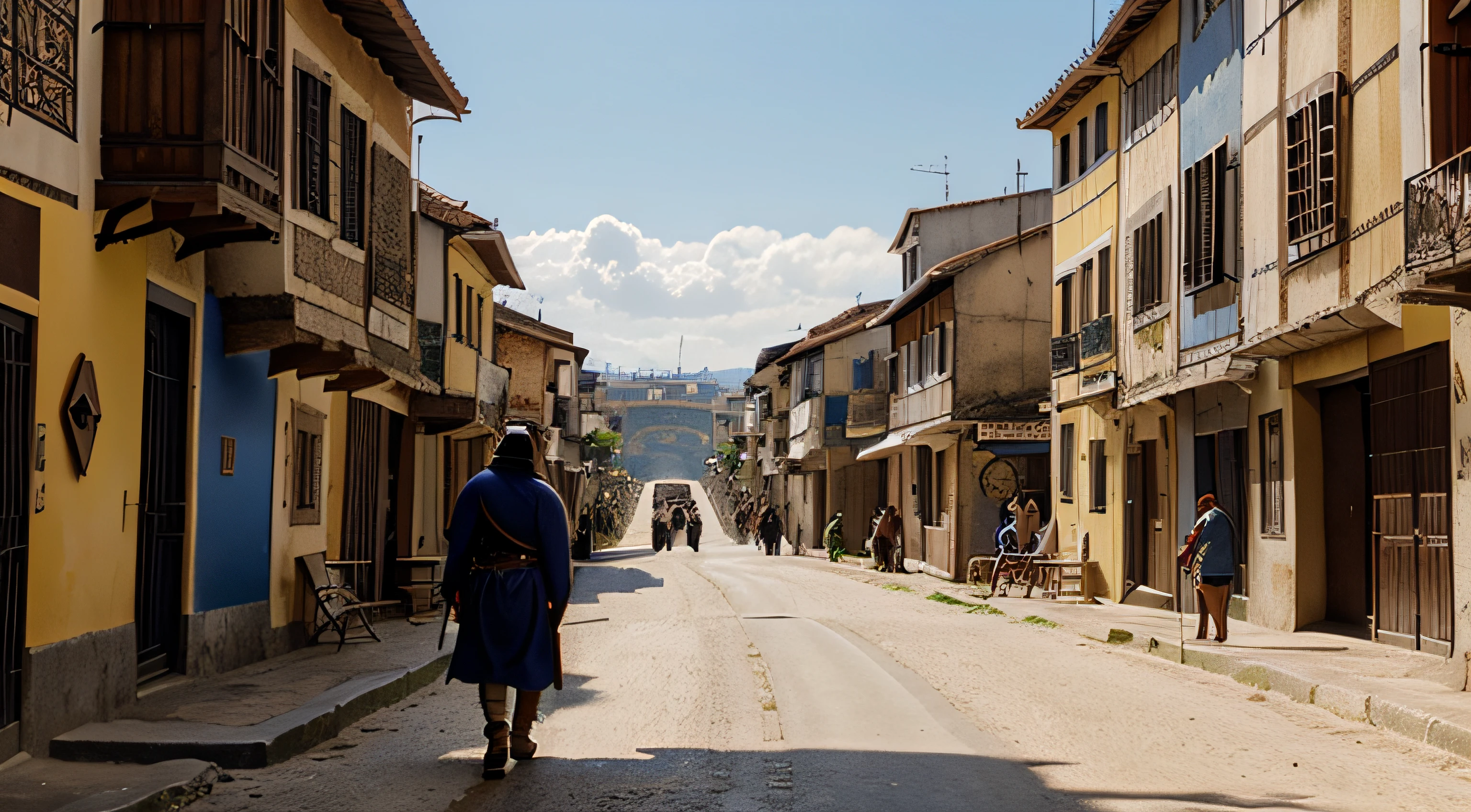 Imagem de um homem, in a kingdom of the middle ages, caminhando pelas ruas e gritando