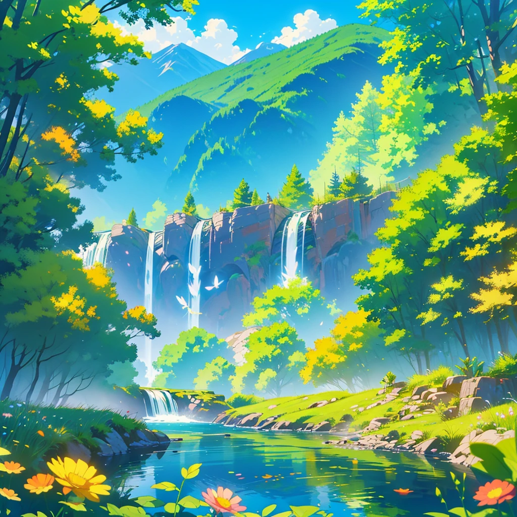 TMND-Mix_II, river, mermaid siluet, mountain, dreamy, detailed scenery, flowers and tress, wind, butterflies🦋, happy atmosphere, from afar, colourful flowers, clouds, lively, waterfalls