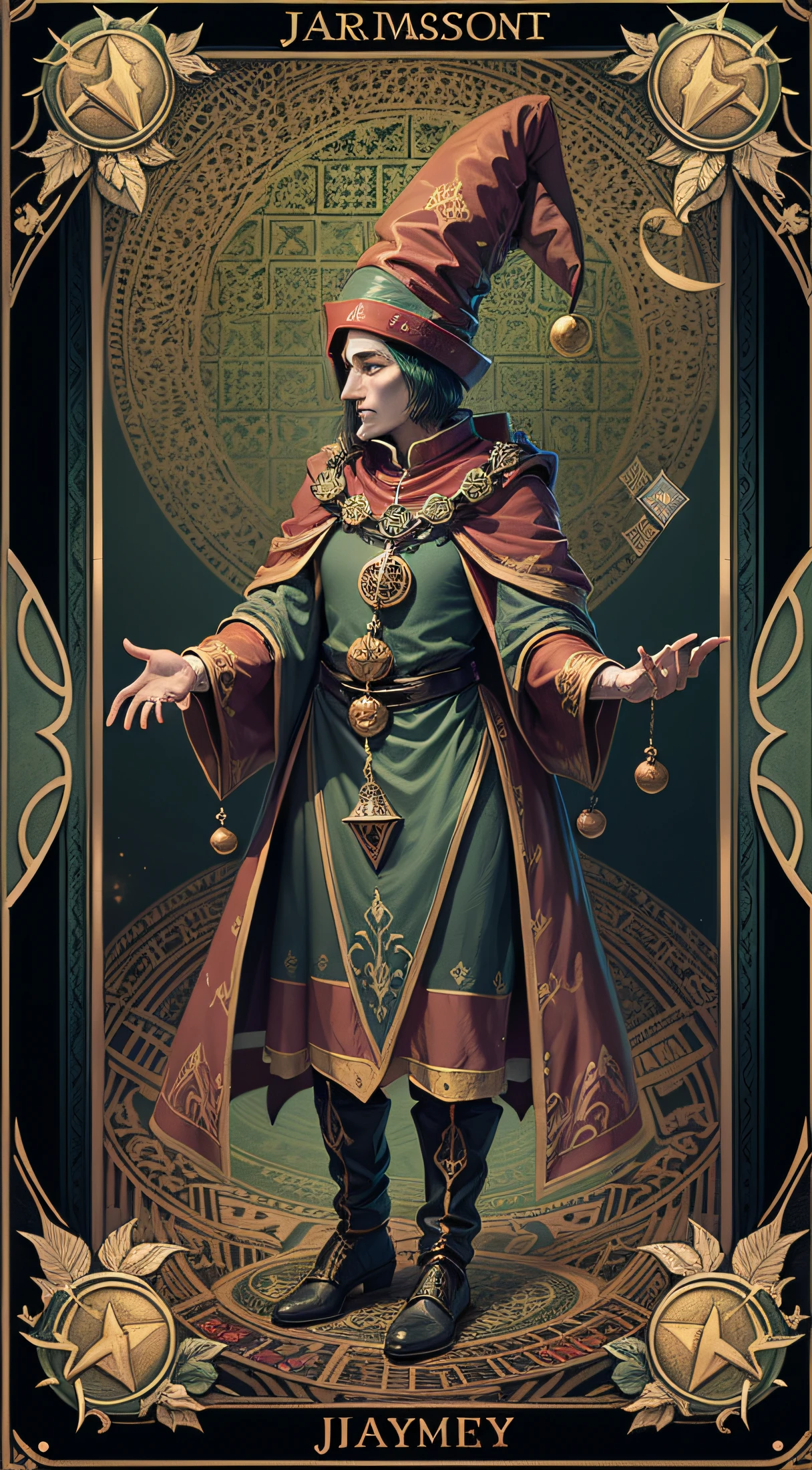 Tarot card design, symmetrically. Pictured is the Jester. Aura of Magic, Magic ritual, masterfully, hyper realisitc, ultradetail, hat with bells, dark green background, The whole figure