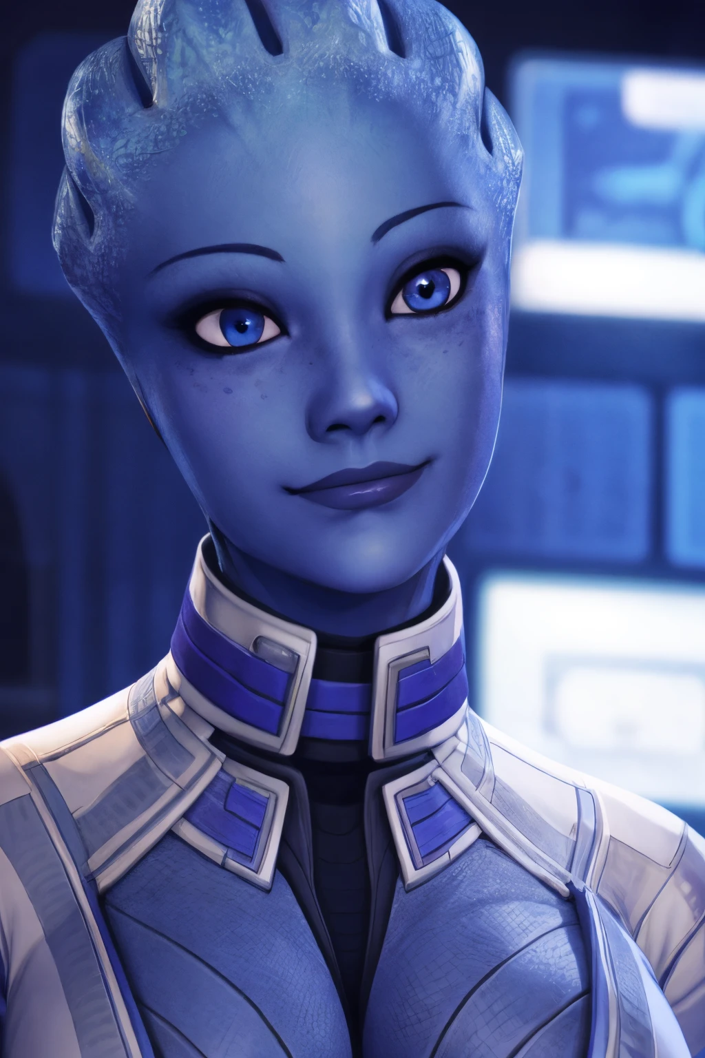 ((ultra quality)), ((tmasterpiece)), Liara T'Soni, (Beautiful cute face), (beautiful female lips), Charming, ((Kind expression on his face)), looks at the camera with a gentle smile, eyes are slightly closed, ((Skin color: blue)), Body glare, ((detailed beautiful female eyes)), ((dark blue eyes)), (juicy female lips), (beautiful female hands), ((perfect female figure)), perfect female body, Beautiful waist, nice feet, Beautiful feet, gorgeous big thighs, Beautiful ass, beautiful breasts, ((Subtle and beautiful)), seductively worth it (close-up of the face), (dressed in Liara T&#39;Soni&#39;s clothes) background: spaceship Normandy, Shepard&#39;s cabin, ((Depth of field)), ((high quality clear image)), (crisp details), ((higly detailed)), Realistic, Professional Photo Session, ((Clear Focus)), the anime, NSFW