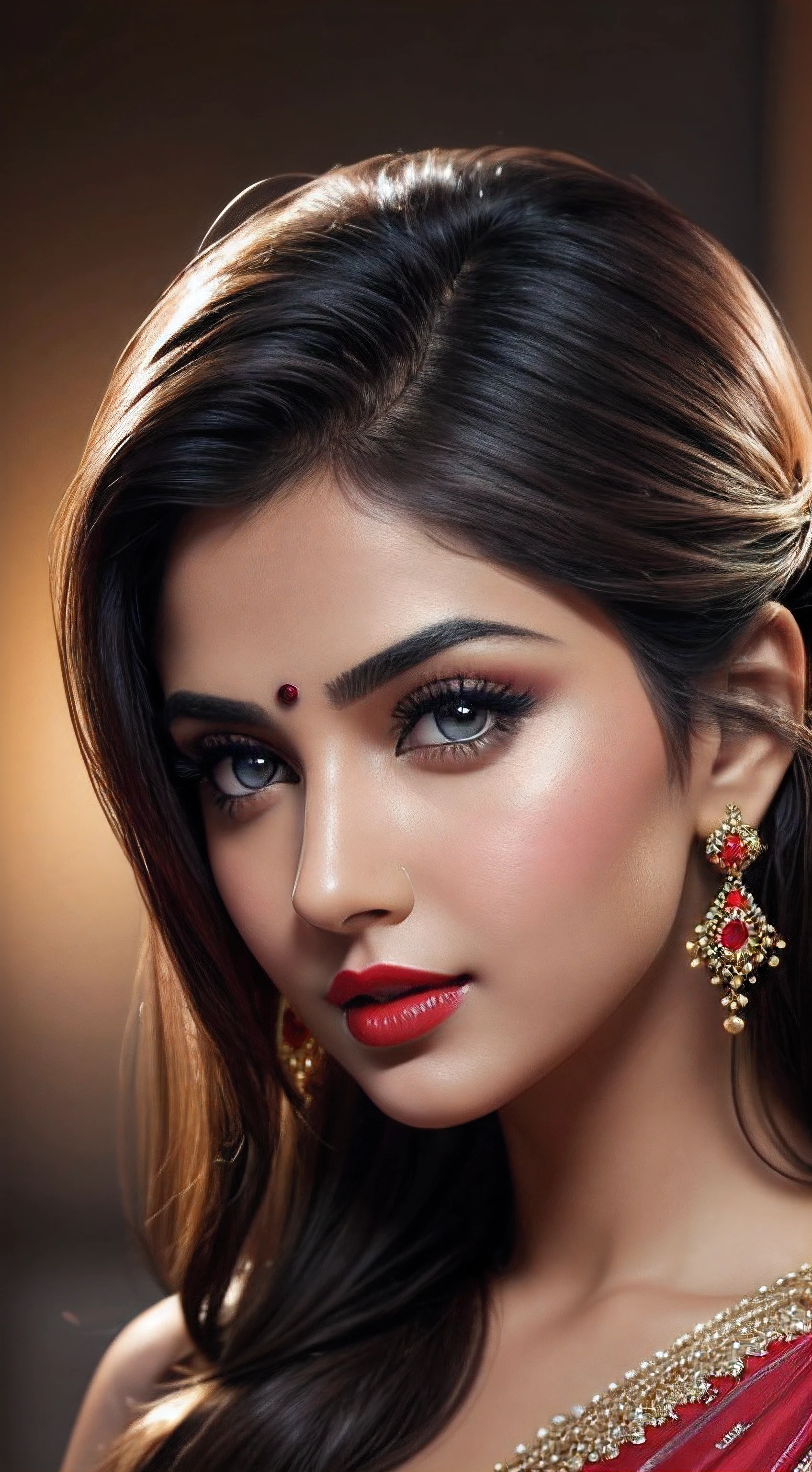 night bokeh effect background, perfect pink eyes, fantastic face, Indian, beautiful look, ((red lips, bright eyes, curve heir 1.5)), ((beautiful details body)), A glorious gorgeous bollywood actress, glorious gorgeous face, pretty face, bright eyes, detailed dress, updo elegant hair, blurred gray tones background, ultra focus, face ilumined, face detailed, 8k resolution, painted, dry brush, brush strokes,
