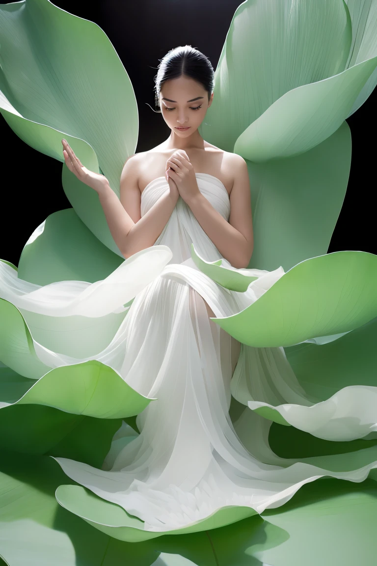 ((best quality)), ((masterpiece)), ((Practical)), 1 Girl, Solitary:2,lotus_leaf_Fairy,close up,beautiful,dynamic action, Anatomically correct, Chinese traditional clothing, Extreme details,Full body shooting