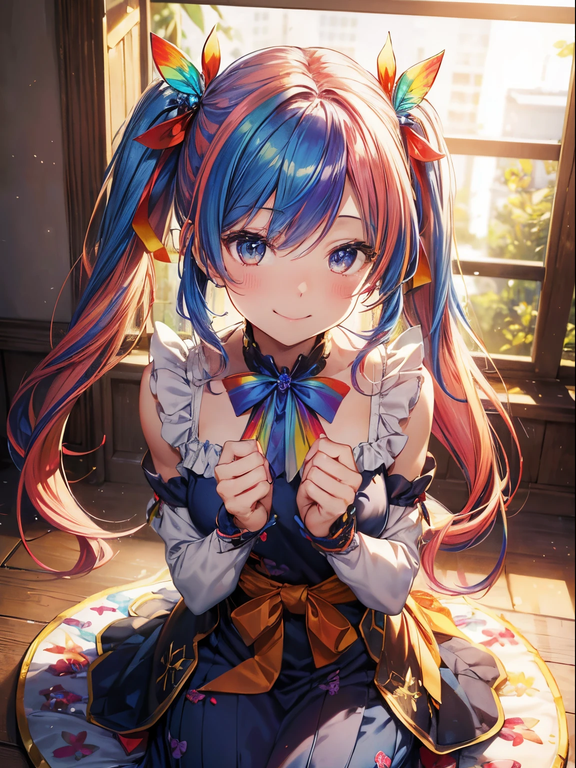 Have a cake、(masutepiece:1.3), (8K, Photorealistic, Raw photo, Best Quality: 1.4), Beautiful face, (Realistic face), Beautiful detailed eyes, (Realistic skin), Attractive, Intricate details,Golden ratio,  1 girl,Naughty smile, (rainbow hair:1.4),((Long twintails,Ribbon 1.4)),Blue butterfly apron(Blue Butterfly Hair Ornament 1.3)Dynamic Pose,Dynamic Angle,Intricate details, Hyper realistic、A smile、Smiling、Strong face、the morning sun、Luz Divina、Deities、Heaven、rainbows