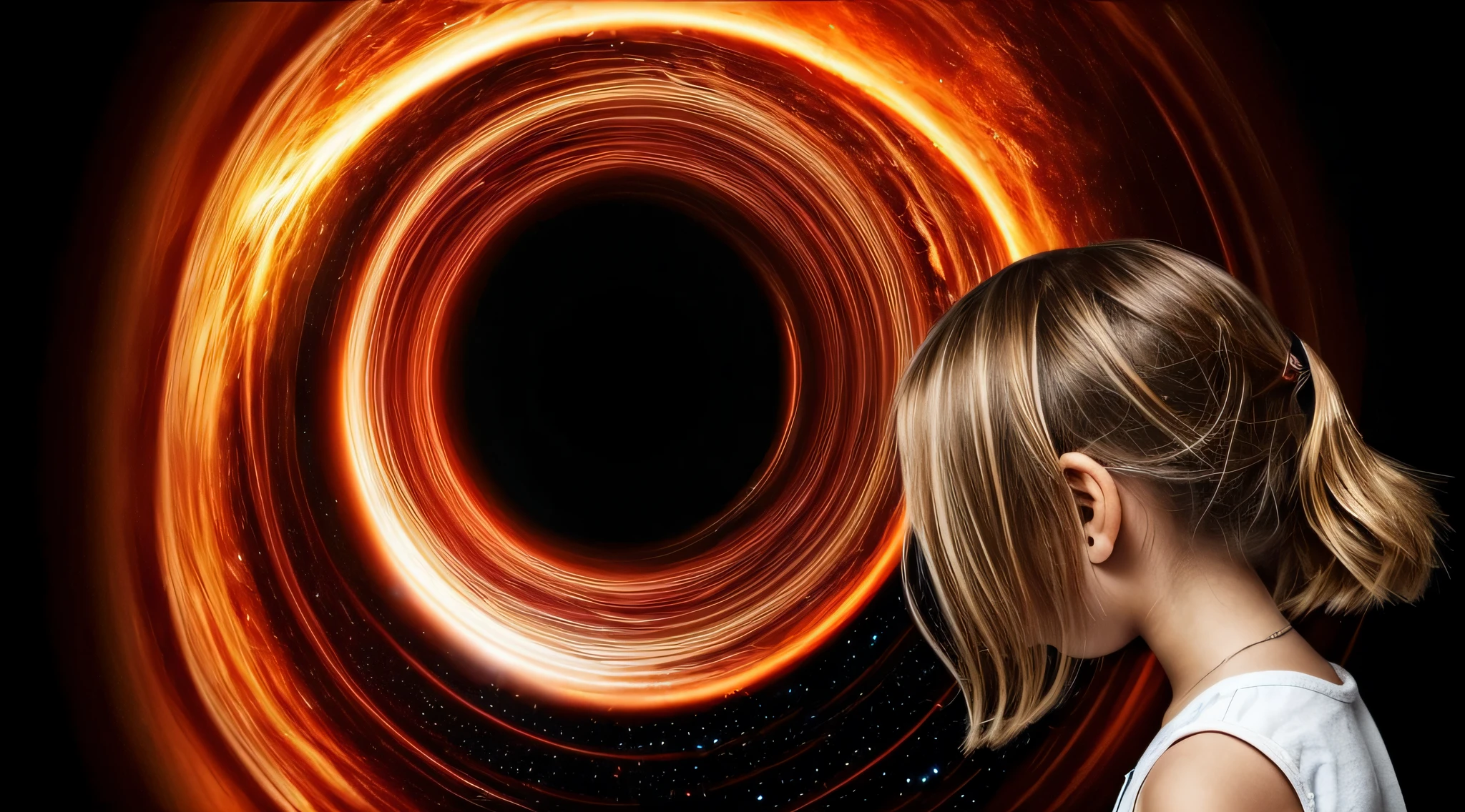 BLACK HOLE, there are two CHILDREN girls BLONDE HAIR in front