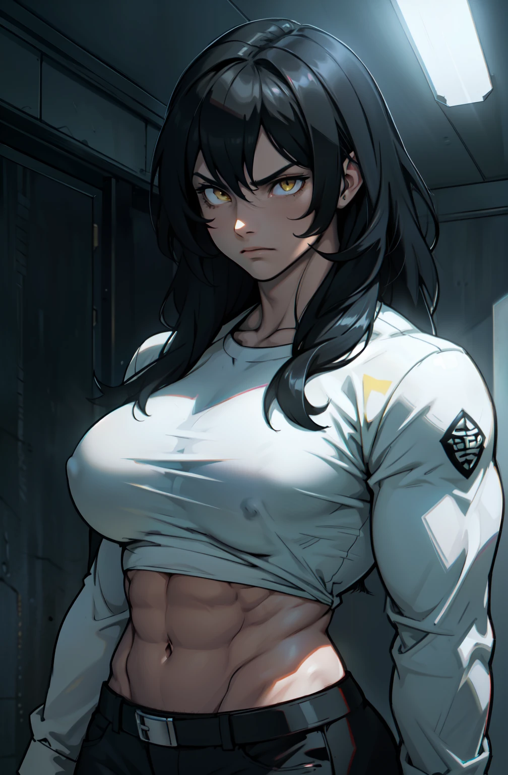 ((1 girl)), extremely long hair, solo, ((muscular)), veins, black hair, yellow eyes, pale skin, strong, veins, abs, big tits, frown, dark atmosphere uhd best quality 16k chiaroscuro god rays cinematic lighting backlighting ray tracing chromatic aberration drop shadow masterpiece ccurate super detail retina UHD textured skin close up black shirt long sleeve dark room