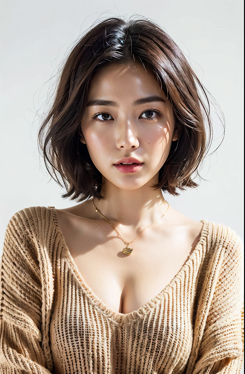 (Best Quality, 8k, 32k, Masterpiece, UHD: 1.2), Cute Japan Woman Pictures, Big, Very Short Bob Hair, Upper Body, Face Focus, oversized_sweater, Necklace, Simple Background, From Above, Look at the Viewer, Put Hands on Chest, Show Cleavage