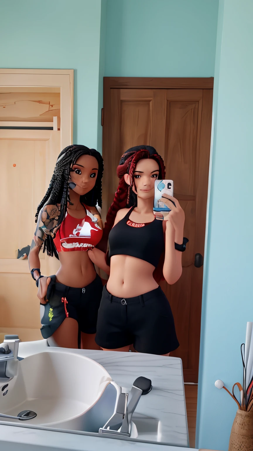 Black hair bestfriend in a red Bikini next to her red hair bestfriend with a black crop top and black shorts with her hair in braids in the mirror taking a selfie