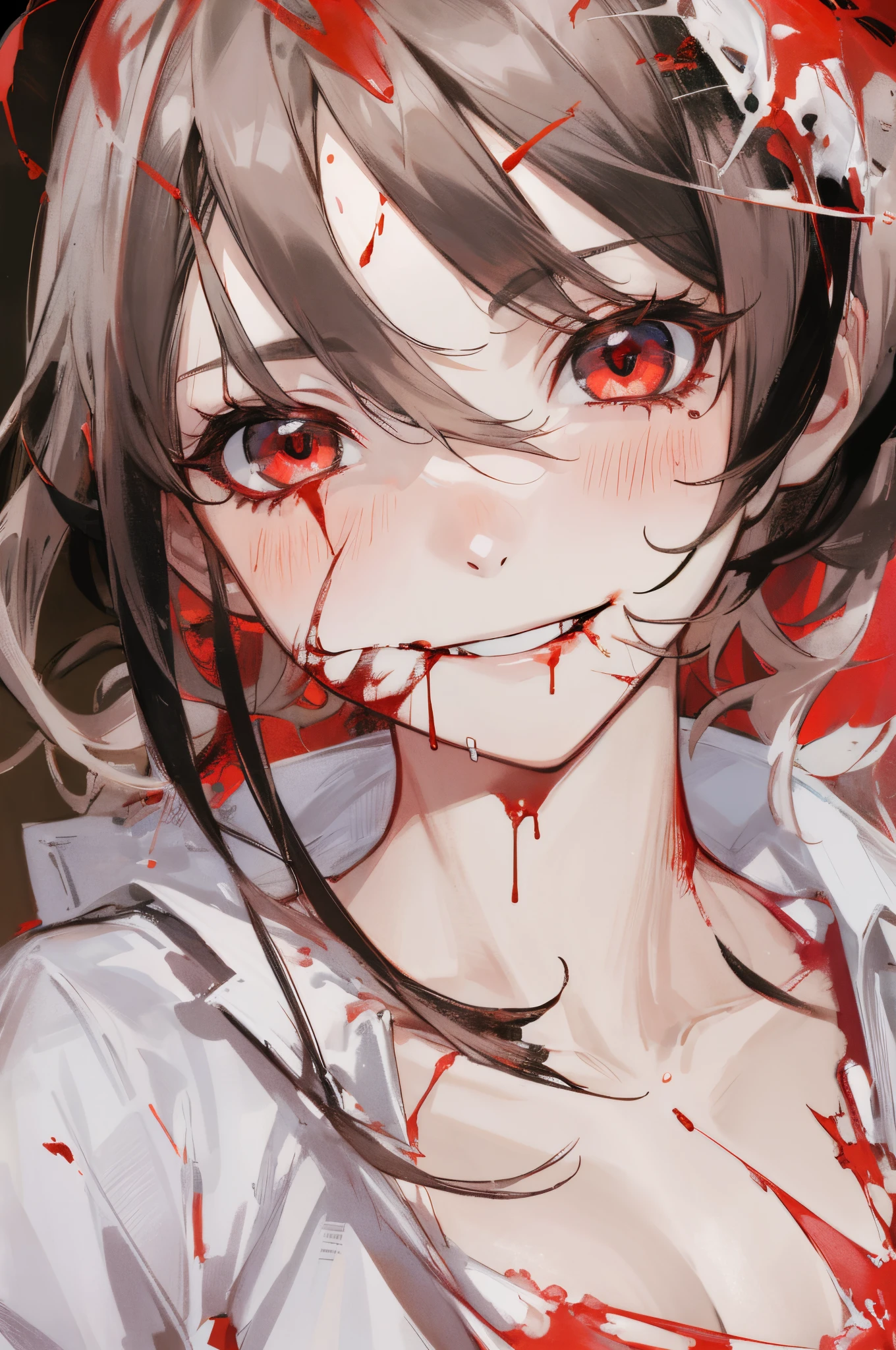Hair disheveled、Anime character with blood running down his face and neck, 1girl in, Solo, Red Eyes, Smile, blood on face, Blood, Looking at Viewer