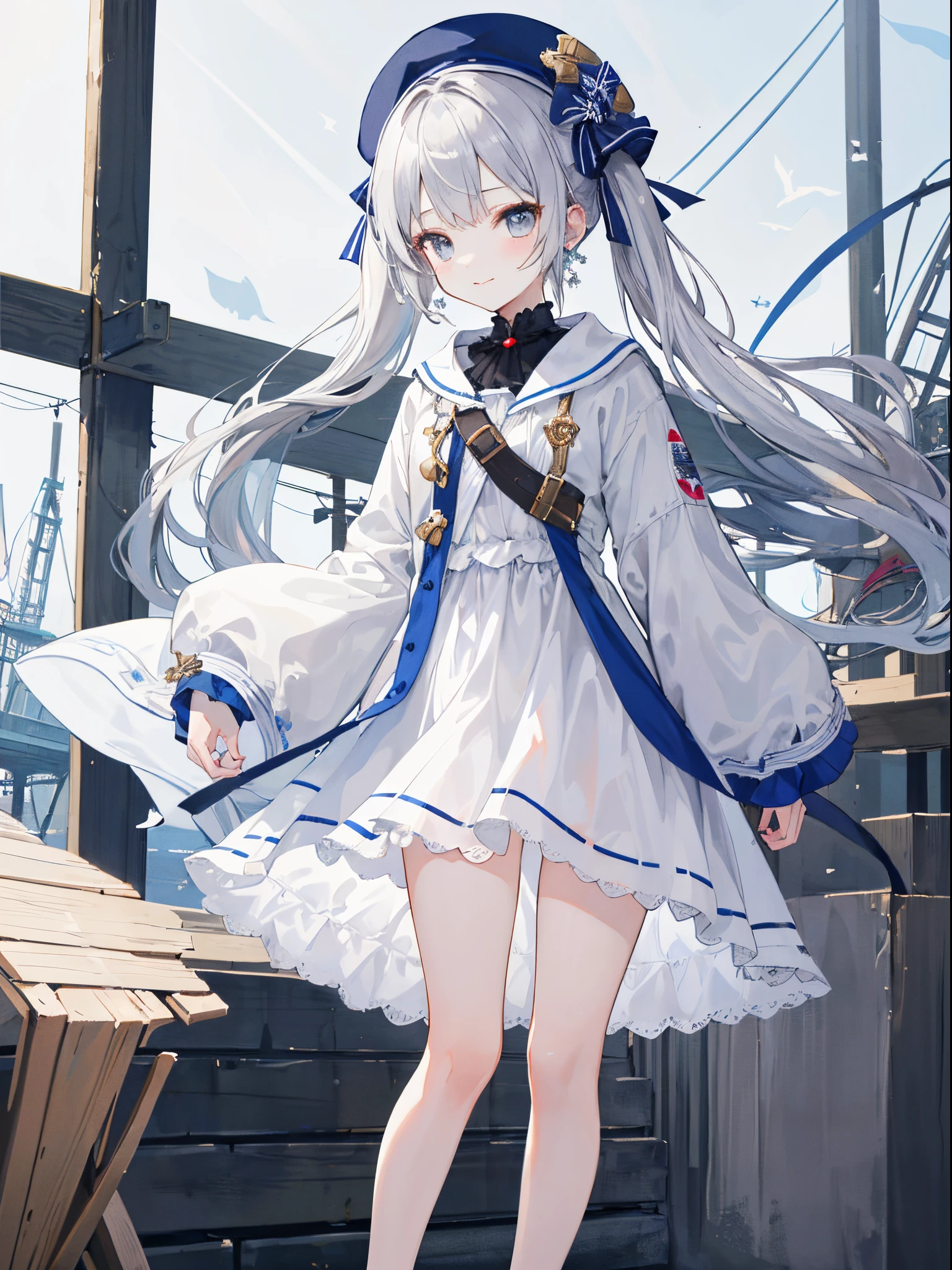 (​masterpiece、top-quality、illustratio、Extremely high quality、high-level image quality、Extremely sensitive writing), Girl with long silver hair standing in a port at midnight、A slight smile、She has a white beret, white dress with open robe, Hair fluttering in the wind, she is a teenager and has twintails, her collor pallete is silver and white, grey eyes, ****. she has a slim leg and cute and has earings, teenager but has a petite body