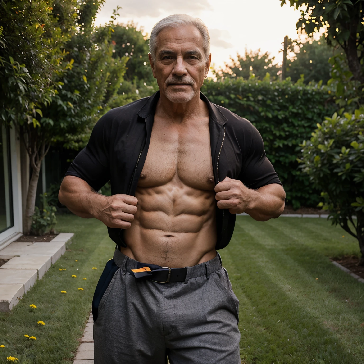 70 year old grandfather, strong body, six packs, dressed as a gardener, sexy body,