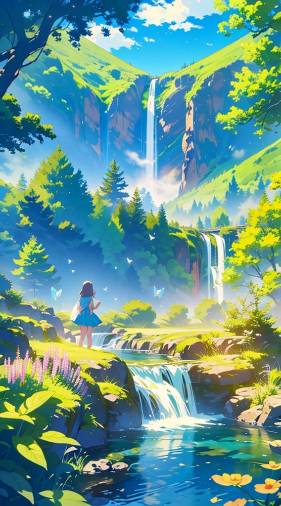 TMND-Mix_II, river, mermaid siluet, mountain, dreamy, detailed scenery, flowers and tress, wind, butterflies🦋, happy atmosphere, from afar, colourful flowers, clouds, lively, waterfalls