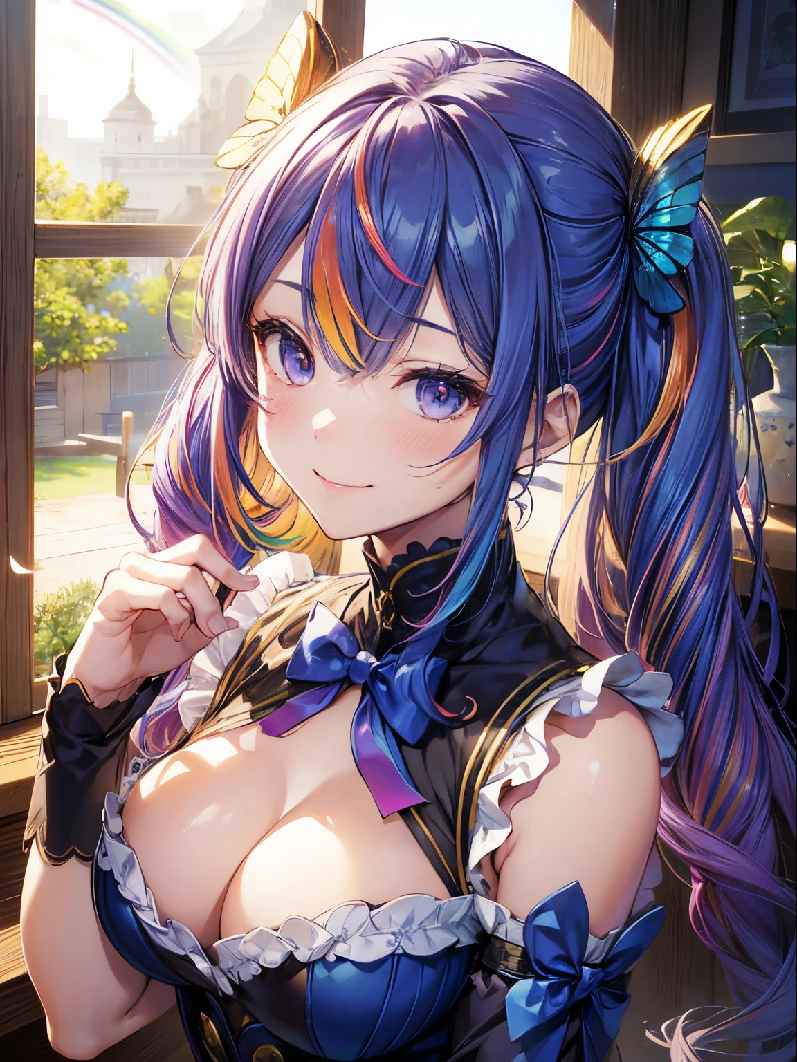 Have a cake、(masutepiece:1.3), (8K, Photorealistic, Raw photo, Best Quality: 1.4), Beautiful face, (Realistic face), Beautiful detailed eyes, (Realistic skin), Attractive, Intricate details,Golden ratio, 1 girl,Naughty smile, (rainbow hair:1.4),((Long twintails,Ribbon 1.4)),Blue butterfly apron(Blue Butterfly Hair Ornament 1.3)Dynamic Pose,Dynamic Angle,Intricate details, Hyper realistic、A smile、Smiling、Strong face、the morning sun、Luz Divina、Deities、Heaven、rainbows