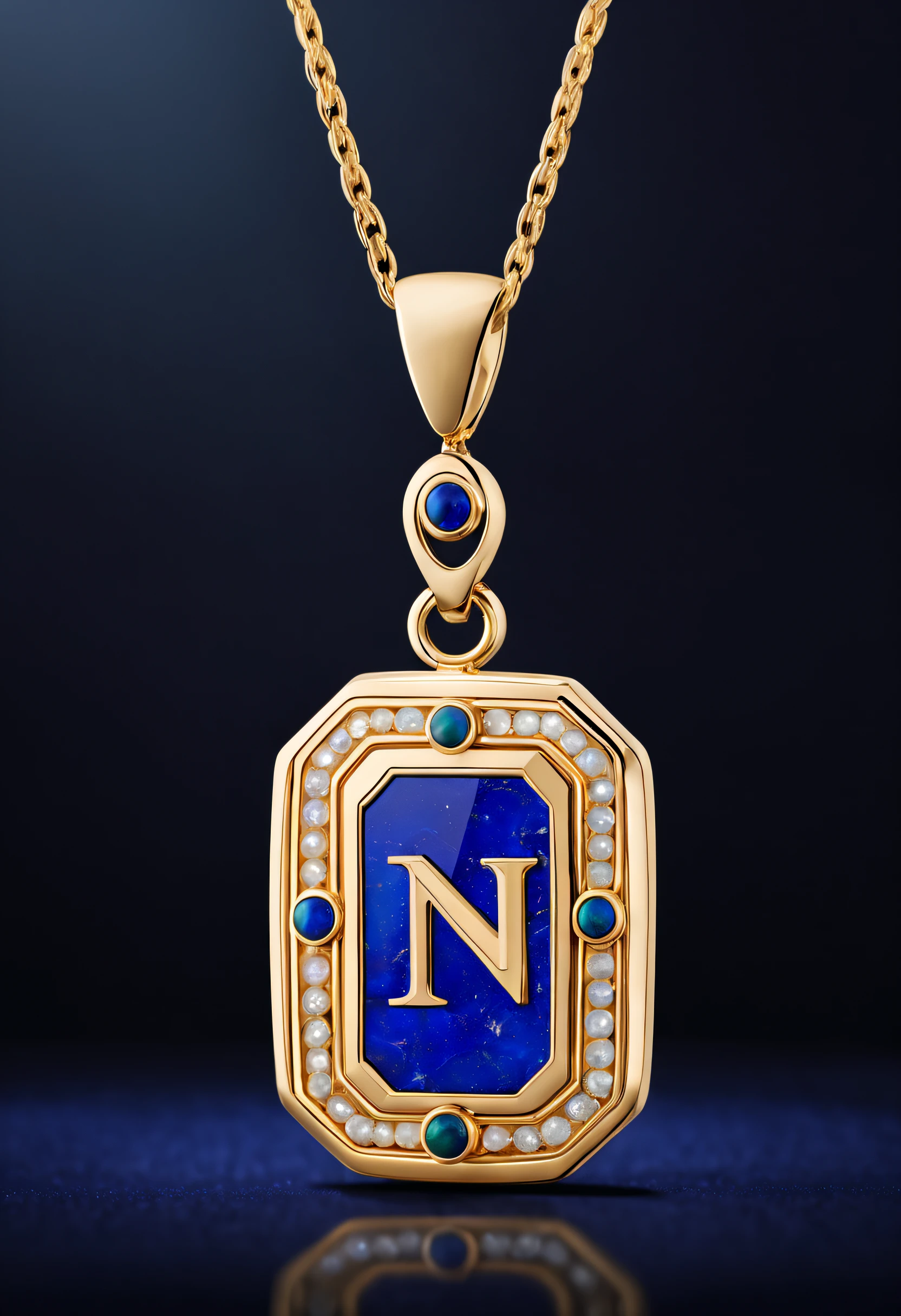 pendant design,Logo design,European and American minimalist style, (Letter N pendant design), (double opal:1.0), Black gold border, lapis lazuli,turquesa,black shell,Van Cleef & Arpels & alpes & alps ,cartier, Background with: The white,The content is very detailed, Best quality, tmasterpiece, A high resolution, hyper realisitc, 8K,gentlesoftlighting,