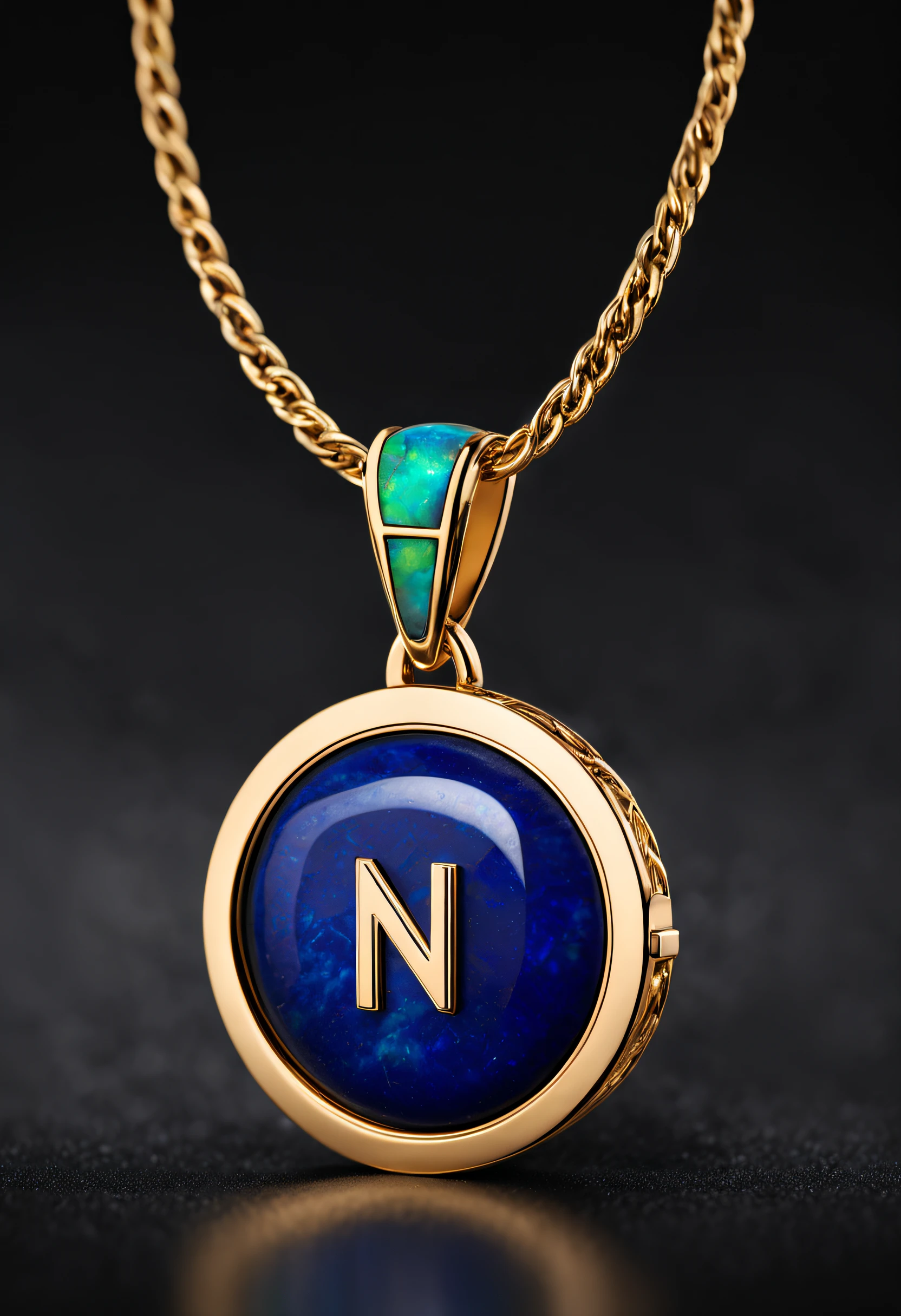 pendant design,Logo design,European and American minimalist style, (Letter N pendant design), (double opal:1.0), Black gold border, lapis lazuli,turquesa,black shell,Van Cleef & Arpels & alpes & alps ,cartier, Background with: The white,The content is very detailed, Best quality, tmasterpiece, A high resolution, hyper realisitc, 8K,gentlesoftlighting,