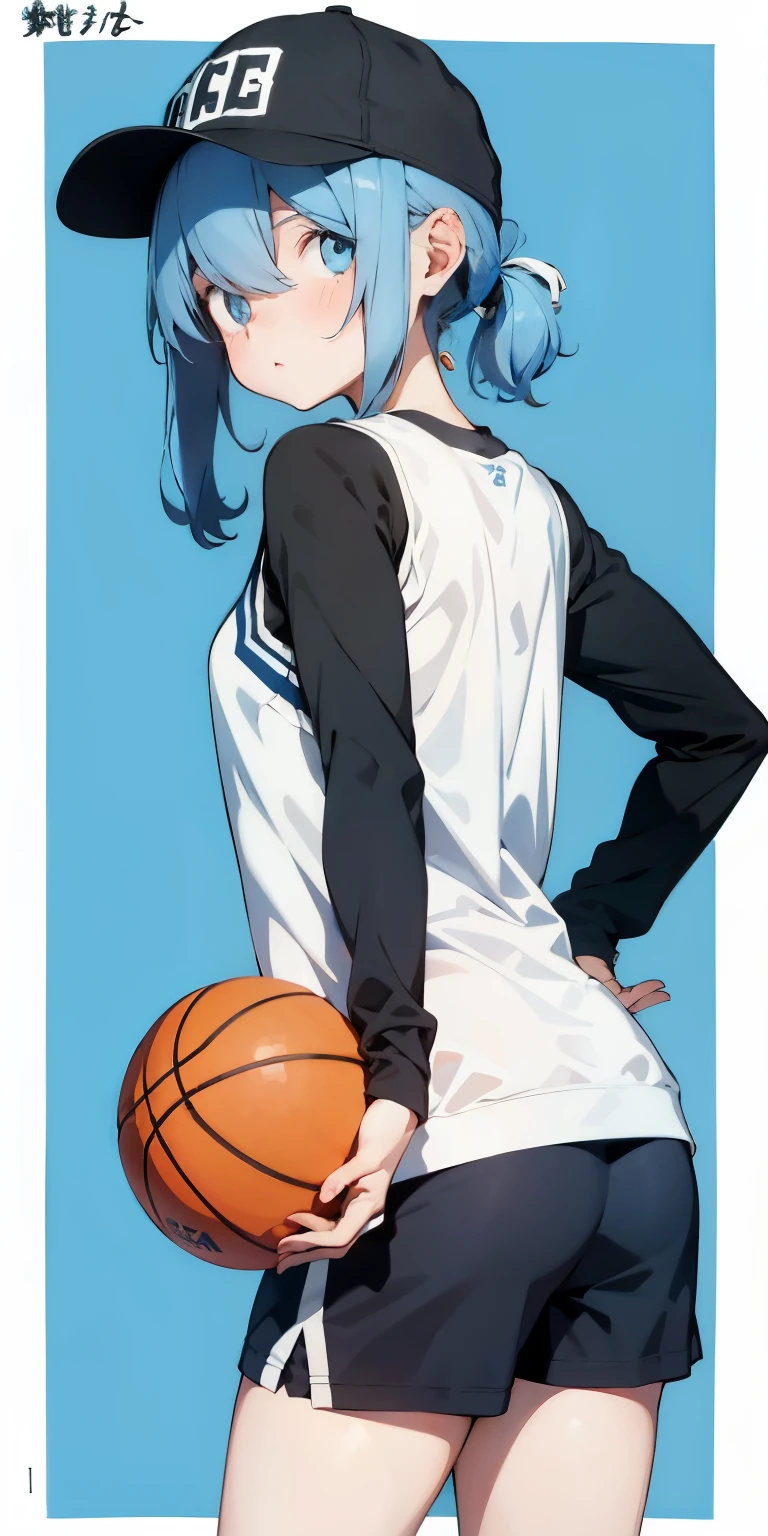 Random basketball player white skin girl, cool shooting on hoop shot with blue hair, happy, cute shy girl, sexy, slim, poser, tomboy, cool basketball court background, black binnie , cap