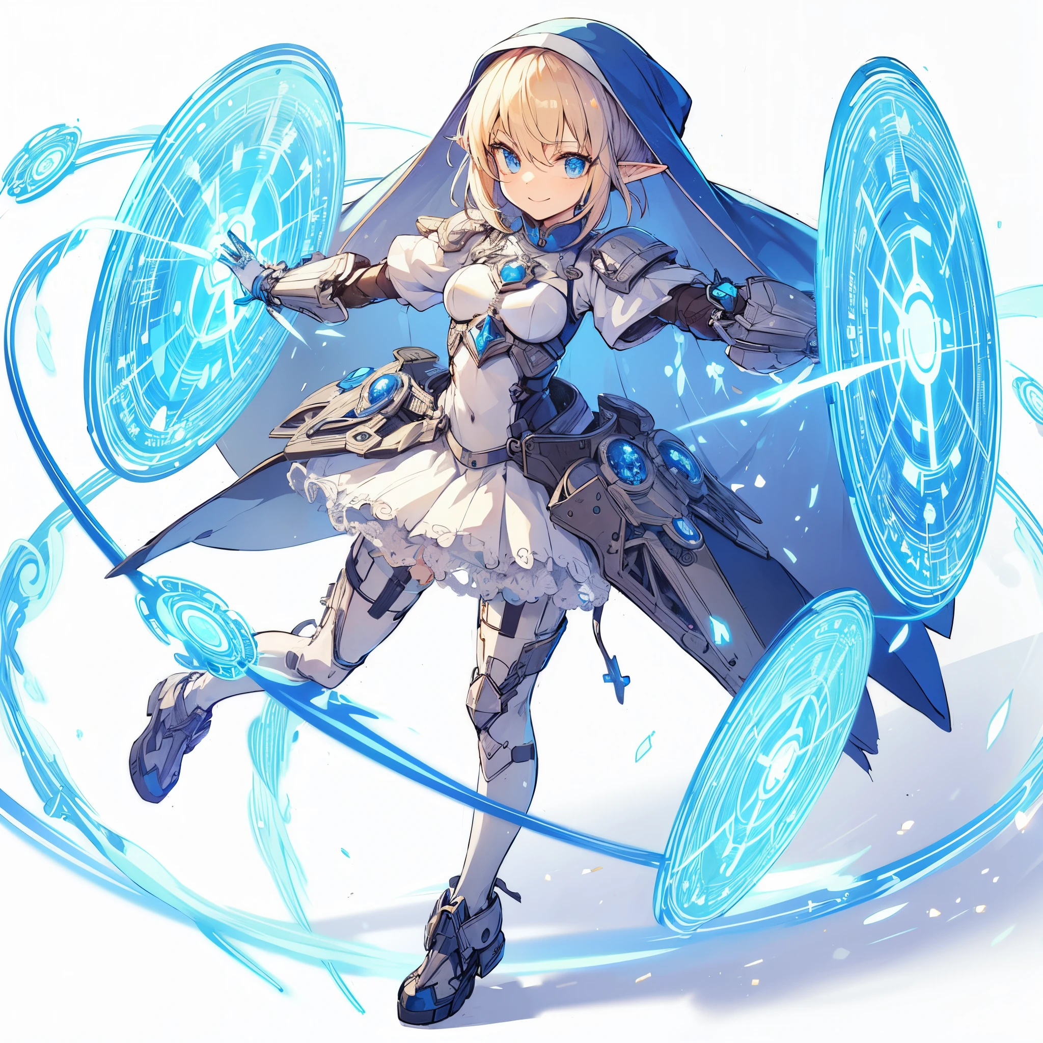 (Masterpiece, top quality), (perfect athlete body: 1.2), (detailed hair), super detailed, anime style, full body, solo, cute Cyberpunk elf holy knight girl, wearing blue nun's habit, blond hair and blue eyes, deploying many force field shields of light, shield maiden, short, divine light, wearing hi-tech boots, standing forest, white background, full body, loving smile.