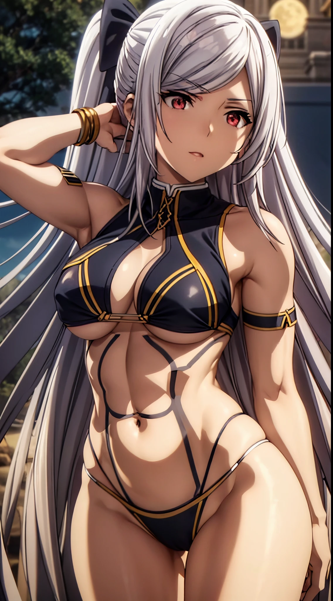 1 , (((Alexia Midgar))), cabelos prateados, olhos vermelhos, seios grandes, anatomia perfeita, ((wearing a micro bikini)), usando uma tanga, (pernas musculosas), barriga musculosa, cintura fina, quadris largos , (sentado na cadeira de frente para mim com as pernas cruzadas), on the beach at night with starry sky and full moon in the sky, foco nas pernas, bare-legged, (foto de corpo inteiro), reflexo dos olhos, olhos estendidos, taciturno, anime, estilo anime, ray tracing, cinematic lighthing, panorama, Sony FE, disco Rigido, master piece, preciso, anatomicamente correto, Super Detalhe, alta qualidade, disco Rigido, Alto, 16k