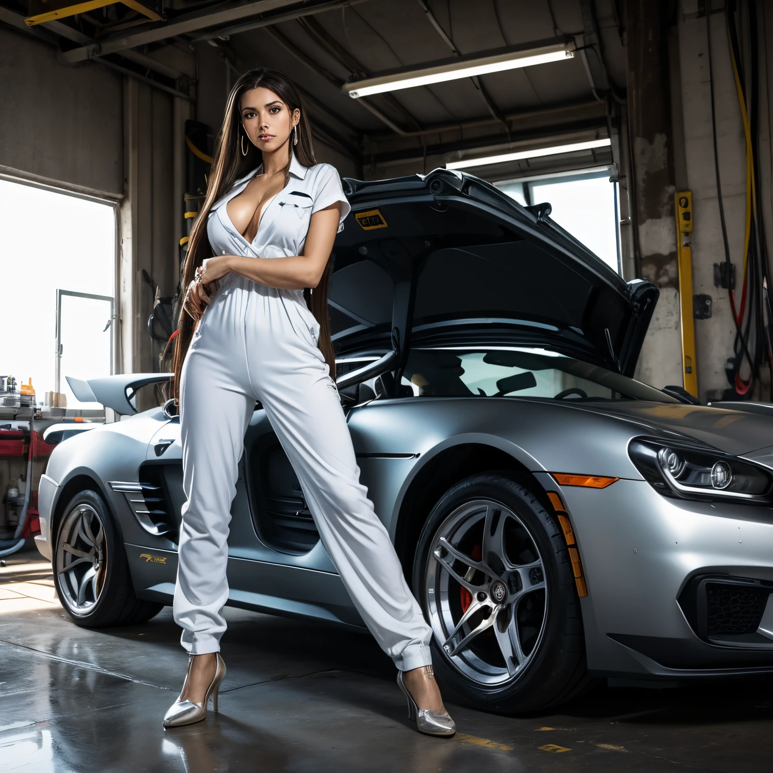 1girl, long_hair, portrait, full body, mechanic jump suit, white transparent shirt, long hair, earrings, car garage background, toolbox, hammer, spanner, hoses, topless, naked, cleavage, sweat,impact gun