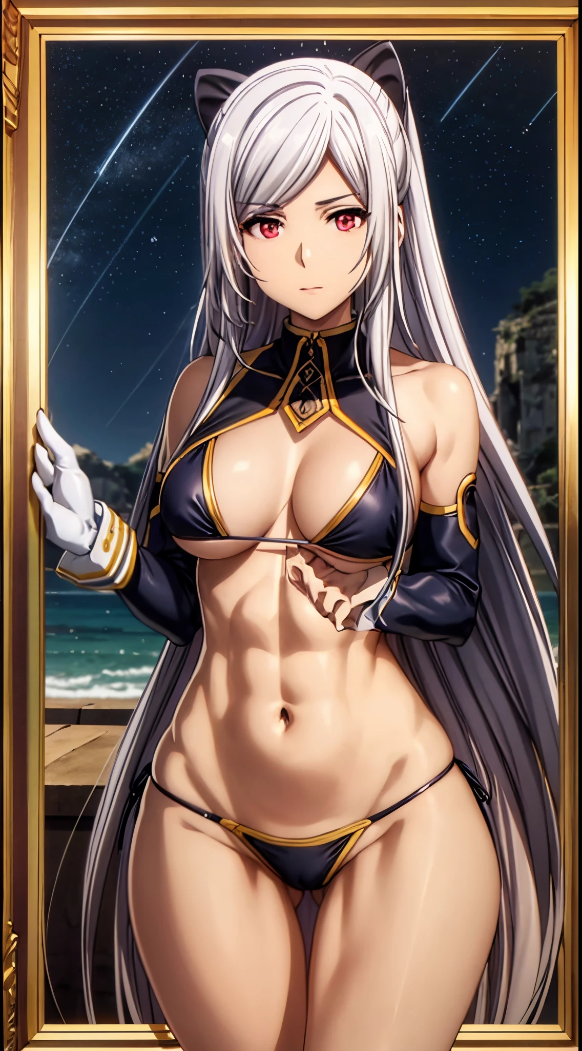 1 , (((Alexia Midgar))), cabelos prateados, olhos vermelhos, seios grandes, anatomia perfeita, ((wearing a micro bikini)), usando uma tanga, (pernas musculosas), barriga musculosa, cintura fina, quadris largos , (sentado na cadeira de frente para mim com as pernas cruzadas), on the beach at night with starry sky and full moon in the sky, foco nas pernas, bare-legged, (foto de corpo inteiro), reflexo dos olhos, olhos estendidos, taciturno, anime, estilo anime, ray tracing, cinematic lighthing, panorama, Sony FE, disco Rigido, master piece, preciso, anatomicamente correto, Super Detalhe, alta qualidade, disco Rigido, Alto, 16k