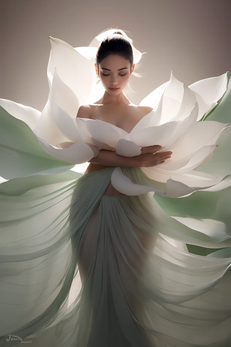 Light jade tone,simple white background, minimalist, elegant, pure gentle, soft light, photorealistic. The hyper-giant lotus with huge and long petals (petal made of a thin and soft tulle fabric, flowy petals fully background, floating petals, hyper-flying petals, smoke effect mix with petal). a beauty Woman (ultra-detail face, hyper realistic) posing with this lotus, woman and lotus center at the photo, a woman looking at viewer