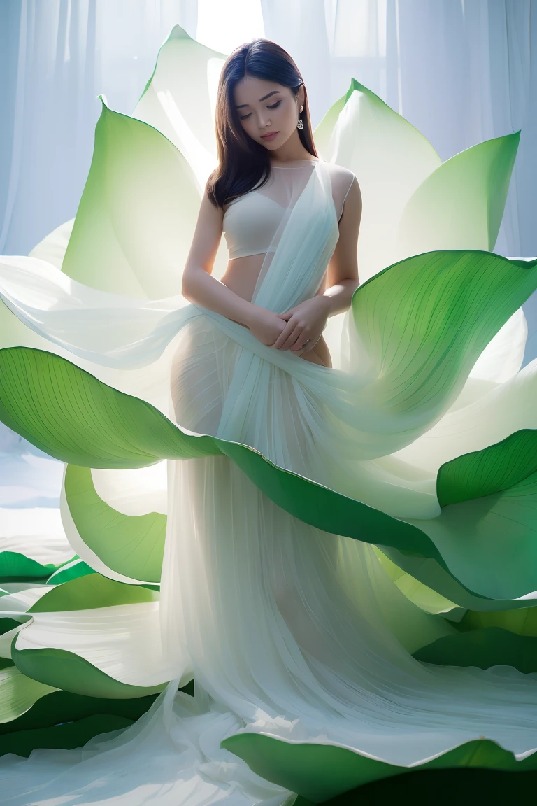 Light green and light white tone,full body, simple white background, nature lighting, lighting effect, minimalist, elegant, pure gentle, soft light, photorealistic. a women (collarbone, shoulders) posing (praying and standing) with The hyper-giant lotus with huge and long petals (petal made of a thin and soft tulle fabric, flowy petals fully background, floating petals, hyper-flying petals, smoke effect mix with petal), lotus dress.