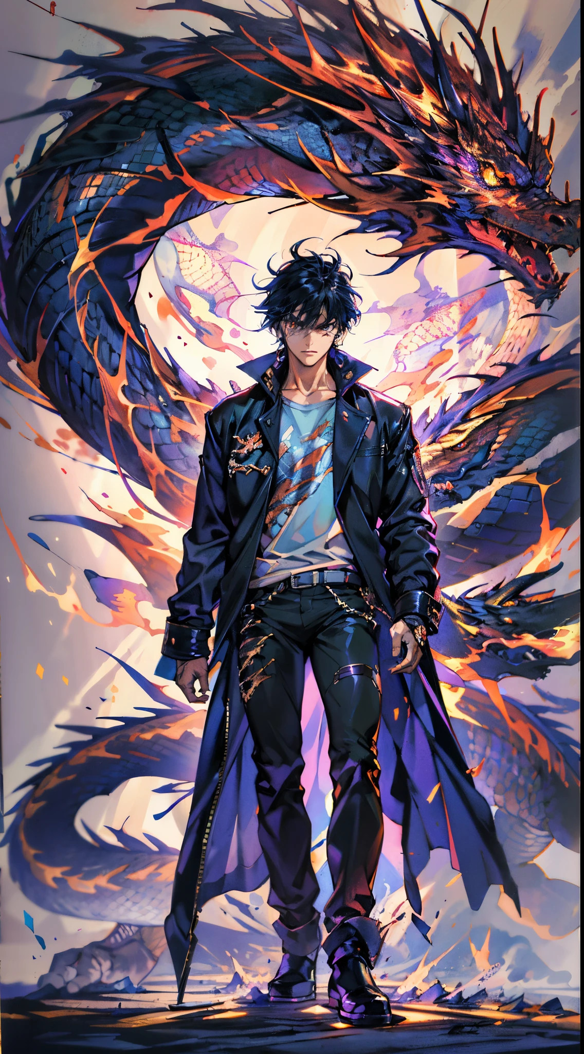 anime character with dragon tail and long coat, badass anime 8 k, cara bonito na arte demon slayer, Epic anime style, arte chave do anime, human and dragon fusion, inspirado em Okumura Masanobu, handsome japanese demon boy, arte de anime digital detalhada, cara de anime alto com olhos azuis, shigenori soejima illustration