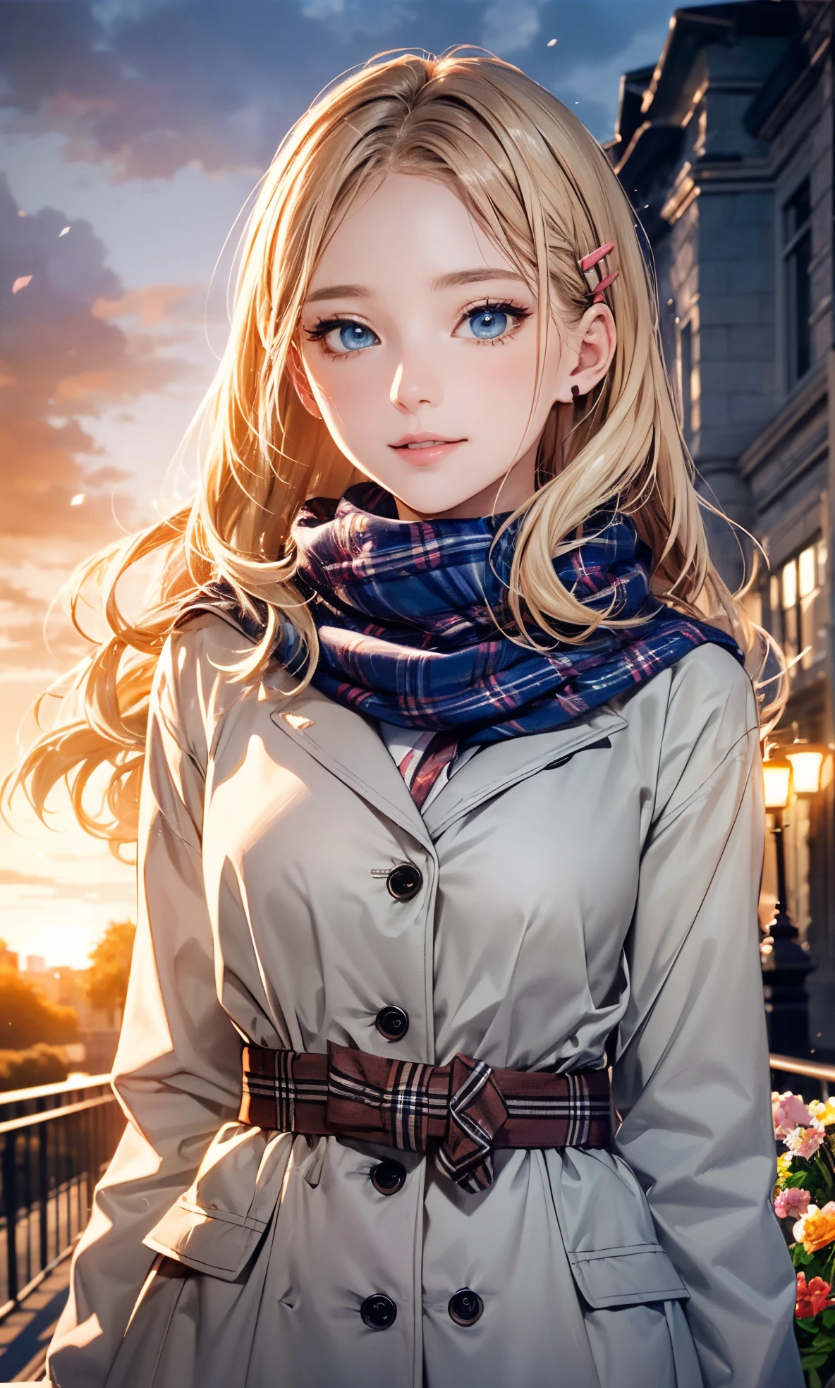 (​masterpiece),(top-quality:1.2),1girl in,(masuter piece:1.3),exquisitedetails, Highest quality 8K resolution, Ultra-detailed, Realistic, Vibrant colors, Soft tones, With warm and gentle lighting,(Beautiful plaid scarf:1.3)(Brown long coat:1.2) early evening,Big sunset,(Smooth straight blonde hair:1.2),(Hair parted in the middle:1.3),(Glowing hair),(Dark blue eyes:1.3),White skin, hair clips,wrist watch,Overflowing soft and gentle feelings,(The promenade is full of flowers),rays of sunshine,Warm golden glow,happiness and laughter,Sticking to ultra-detailed depictions and vivid colors. A style that combines romanticism and realism、depth of love,color palettes,and the lighting is soft and diffused, Shine a gentle light on your face,The artwork is a masterpiece,