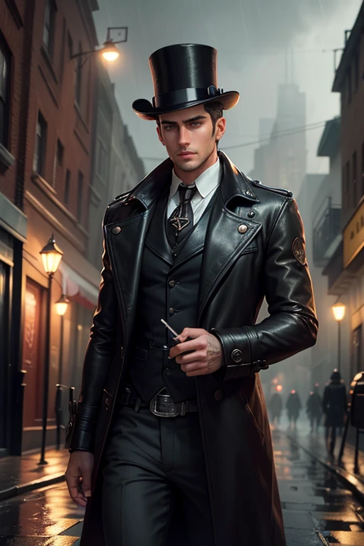 Young handsome man with masculine facial features,detective, in a leather coat, steampunk style,  in a rainy alley in a noir atmosphere, leaning against the wall and smoking, 8k render", Octane rendering ", Octane rendering", Super Detailed Rendering, Super octane rendering, Гипердетализированный 3D-рендеринг ，((( Handsome young man))) Correct facial features,((detective ))wears a（wind coat：1.1），At night in Victorian London.，epic lighting，Cinmatic Lighting，hight resolution，（Detailed image：1），Crazy details，（higly detailed：1.2），Mafia in the 1920s, windbreaker and top hat, Realistic oil painting style, heavy fog and rain,(( A dilapidated city)), Street lamps,  detective novel style, Mafia style, mysterious, deep, Dark, Fantasy