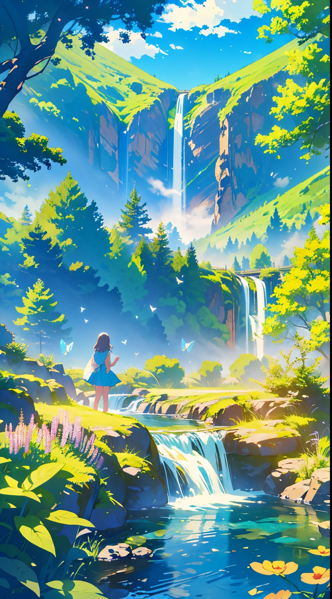 TMND-Mix_II, river, mermaid siluet, mountain, dreamy, detailed scenery, flowers and tress, wind, butterflies🦋, happy atmosphere, from afar, colourful flowers, clouds, lively, waterfalls