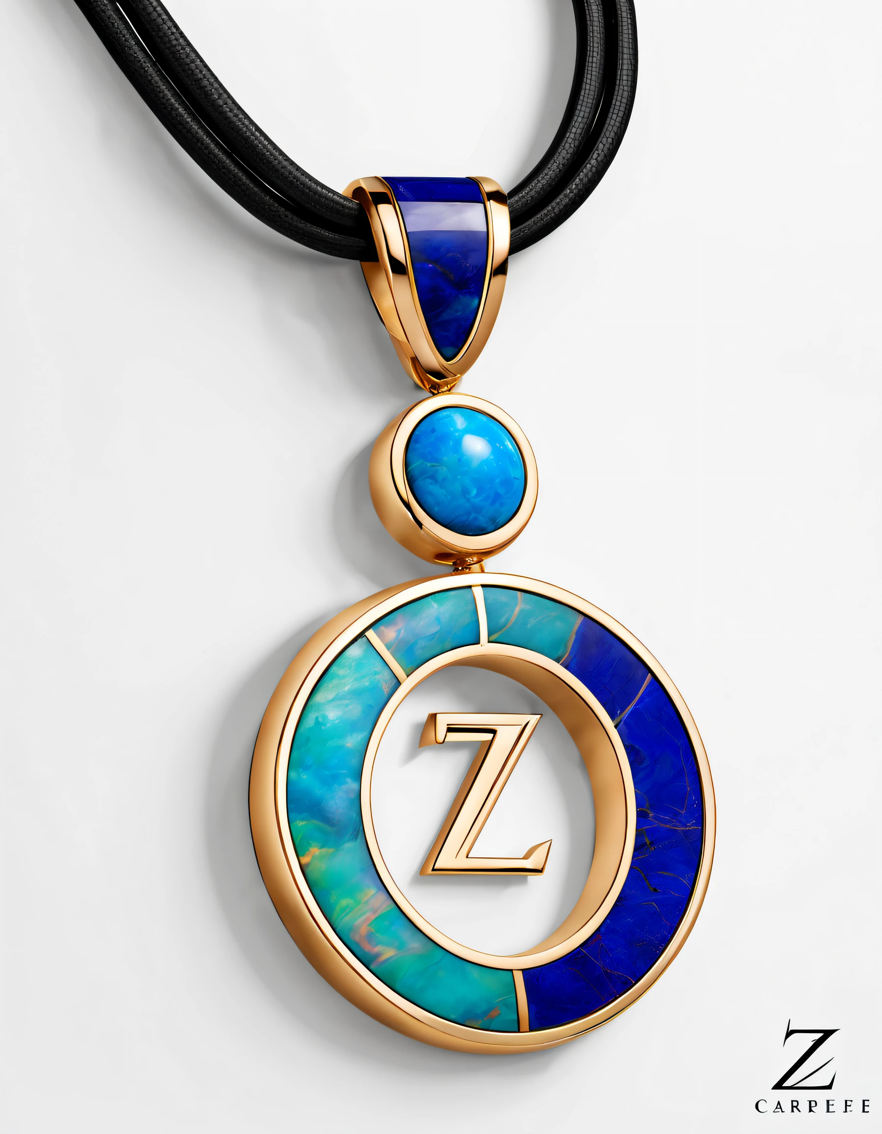 pendant design,Logo design，European and American minimalist style， (Letter Z pendant design), （double opal：1.0）, Black gold border, lapis lazuli，turquesa，black shell，Van Cleef & Arpels & alpes & alps ,cartier, Background with: The white,The content is very detailed, Best quality, tmasterpiece, A high resolution, hyper realisitc, 8K,gentlesoftlighting，