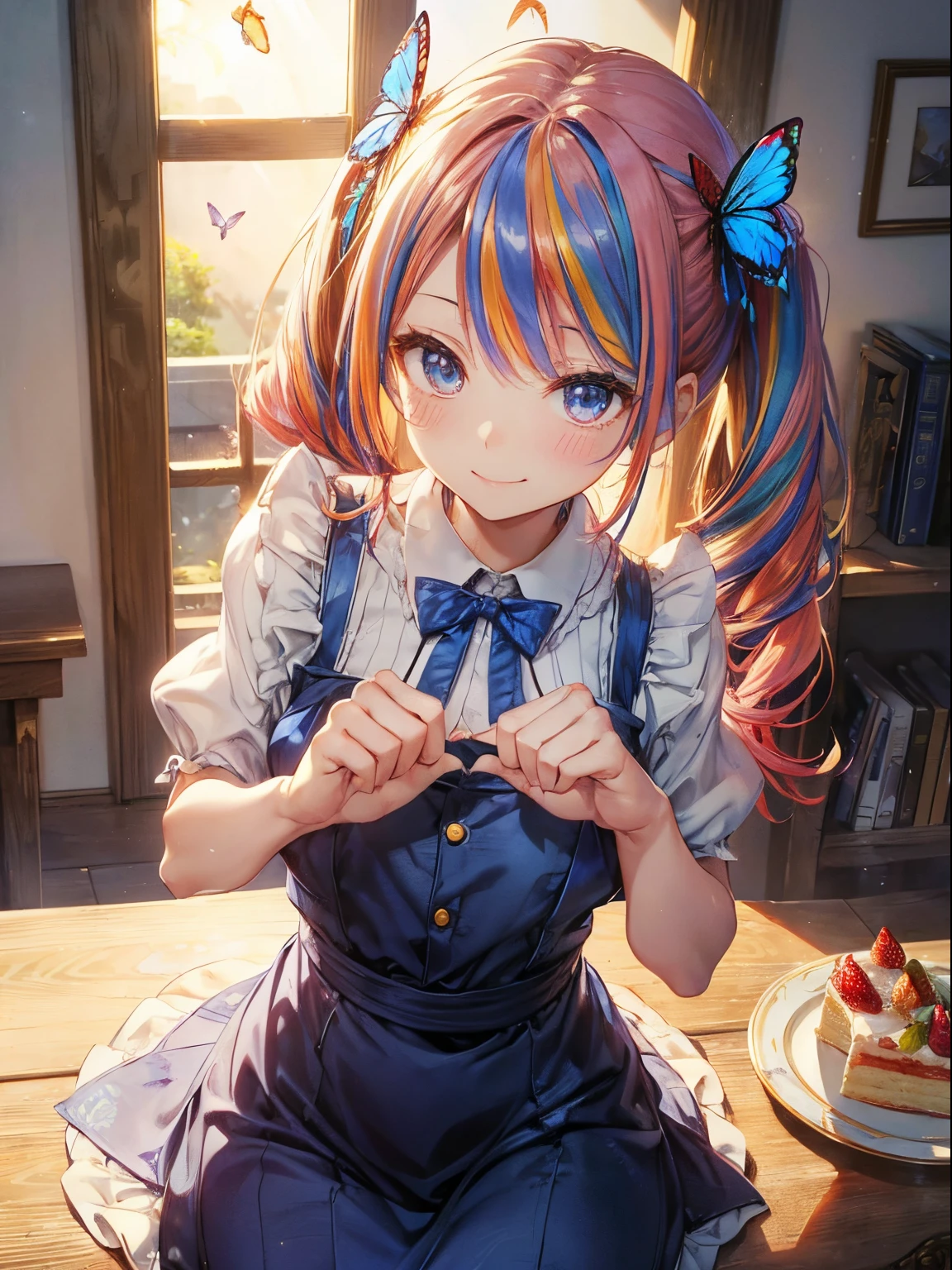 the cake is on the desk、cake with candles、Strawberry shortcake、(masutepiece:1.3), (8K, Photorealistic, Raw photo, Best Quality: 1.4), Beautiful face, (Realistic face), Beautiful detailed eyes, (Realistic skin), Attractive, Intricate details,Golden ratio,  1 girl,Naughty smile, (rainbow hair:1.4),((Long twintails,Ribbon 1.4)),Blue butterfly apron(Blue Butterfly Hair Ornament 1.3)Dynamic Pose,Dynamic Angle,Intricate details, Hyper realistic、A smile、Smiling、Strong face、the morning sun、Luz Divina、Deities、Heaven、rainbows