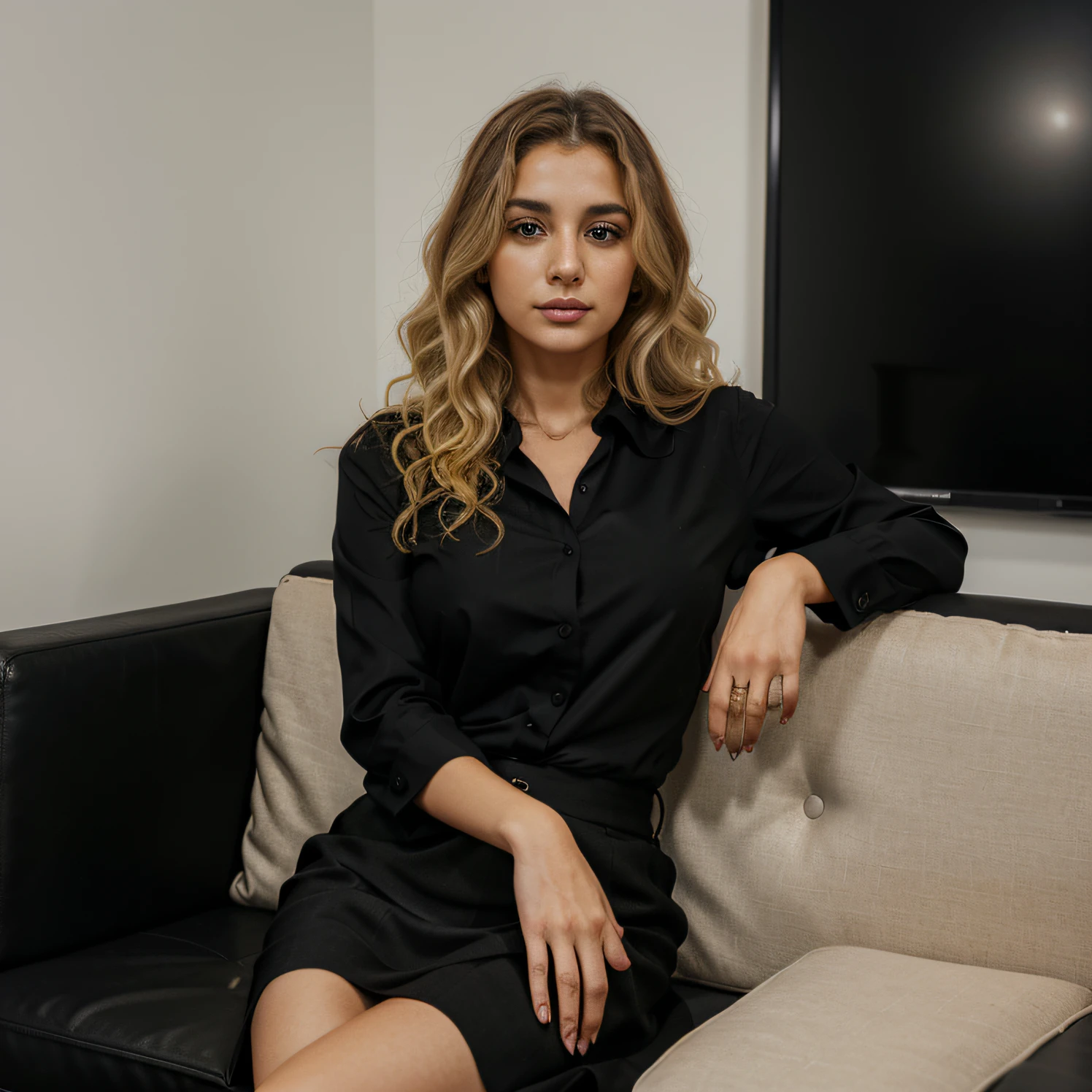 30 years old, very curly hair, blonde hair color. A realistic Turkish woman with a slightly snub nose. while sitting on a black sofa in an office environment. Wear a black blouse and black skirt.