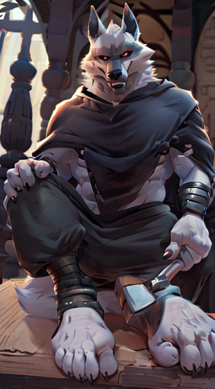 suggestive content, highres, super high resolution, beautiful details, beautiful eyes, depth of field, solo focus, detailed background, high quality, good lighting, high res, (((masterpiece))), 8k, depth of field, ray tracing, detailed background, soles, lighting, detailed face and body, detailed lighting, [cinematic lighting], [backlighting], [detailed ambient light], [gray natural lighting], [sharp focus], solo,
Deathwolf, Death Wolf, death_(n_boots), black sclera, red eyes, male anthro wolf furry, canid, canine, werewolf, muscular, hunk, handsome, sexy, beefcake, stud, seductive expression,
(Standing in an egyptian palace castle), (close up, extreme close up), (headshot):1.3, (wearing black poncho, black cloak),
(detailed fluffy fur, fluffy, detailed fur):1.2, [tuft, neck tuft, neck fluff, tufted fur, fur tuft, inner ear fluff],
by darkgem, by honovy, by spectrumshift, by tarakanovich, by zourik, feet, pov of soles, foot focus, soles, four toes, footjob, perfect soles, good looking feet, perfect toes, footjob domination, black toeclaws, bottom of feet, point of view of the bottom of feet, soles focus, propping feet up, (feet pointing up showing soles), black baggy pants, footjob,   between both feet