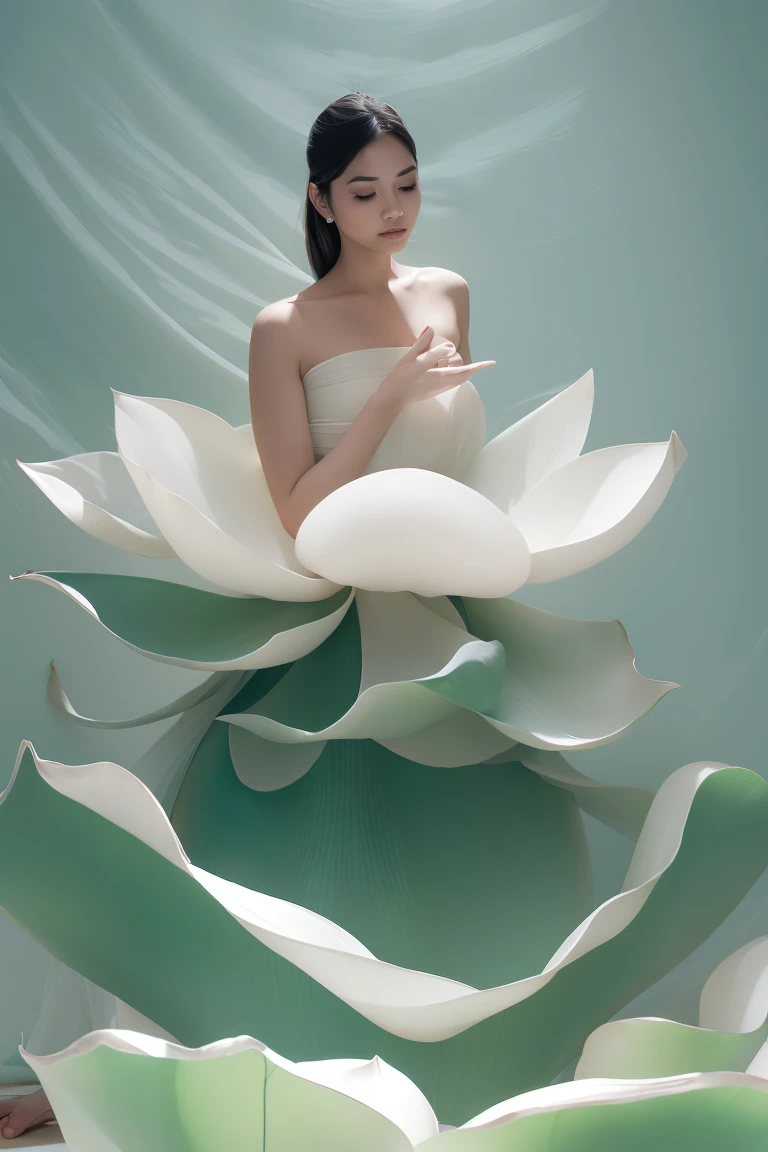 Light jade tone,simple white background, minimalist, elegant, pure gentle, soft light, photorealistic. The hyper-giant lotus with huge and long petals (petal made of a thin and soft tulle fabric, flowy petals fully background, floating petals, hyper-flying petals, smoke effect mix with petal). a beauty Woman (ultra-detail face, hyper realistic) posing with this lotus, woman and lotus center at the photo, a woman looking at viewer
