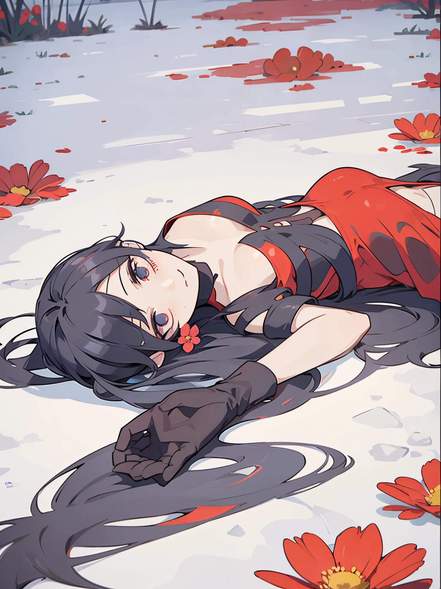 rough sketch, flat design, solid color, lonely girl lying on the ground, red blood pooling from her head, flowers blooming madly.