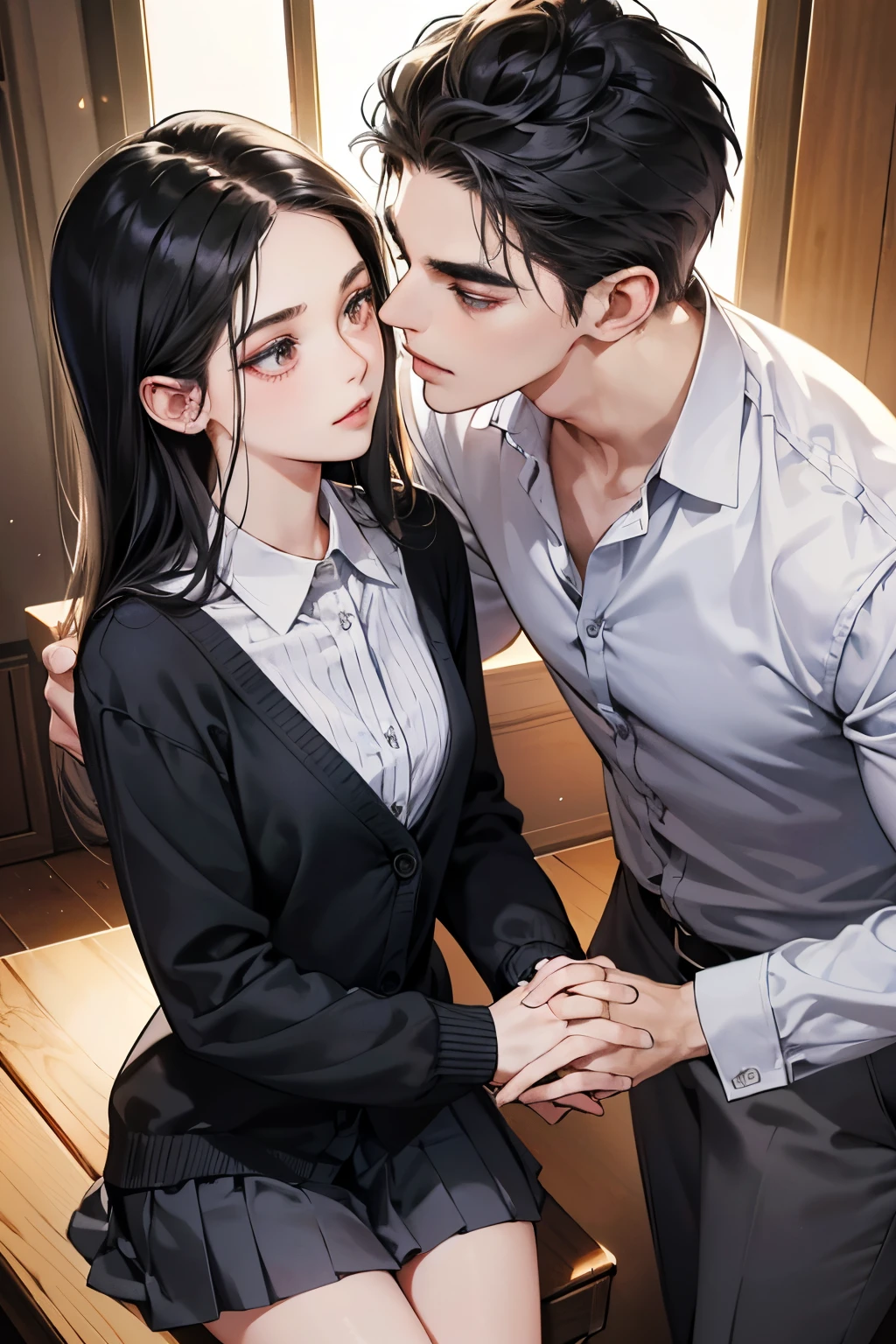 (masutepiece, Digital Art, Digital Illustration, 4K, 8K, Ultra-detailed, beautiful image, Sharp Image, Photorealistic, Raw photo, Perfect face, Perfect lines, Perfect eyes, Soft lighting) 1 woman, (Long Black Hair,straight haired,Bullish gaze,Beautie,Solid makeup,femele,small tits:1.3),Two handsome men in suits, (ember,Men in suits,well-muscled,Firm shoulder width,Adult male,Boyish hairstyle,English gentlemanly style,Man in his 30s with a cool expression,28-year-old man with bright smile:1.2),Bakery、breads、Eat-in、A lot of bread is lined up、a sailor suit、Knee-length pleated skirt、baggy cardigan、kiss、a couple、couple kissing、Romance、ssex、have sex、