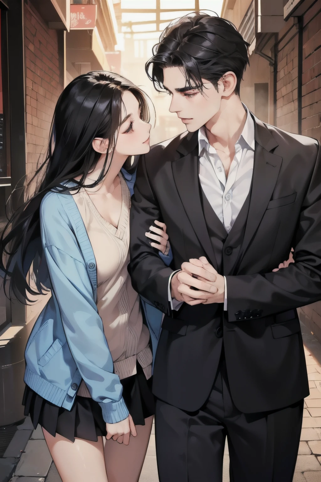 (masutepiece, Digital Art, Digital Illustration, 4K, 8K, Ultra-detailed, beautiful image, Sharp Image, Photorealistic, Raw photo, Perfect face, Perfect lines, Perfect eyes, Soft lighting) 1 woman, (Long Black Hair,straight haired,Bullish gaze,Beautie,Solid makeup,femele,small tits:1.3),Two handsome men in suits, (ember,Men in suits,well-muscled,Firm shoulder width,Adult male,Boyish hairstyle,English gentlemanly style,Man in his 30s with a cool expression,28-year-old man with bright smile:1.2),Bakery、breads、Eat-in、A lot of bread is lined up、a sailor suit、Knee-length pleated skirt、baggy cardigan、kiss、a couple、couple kissing、Romance、ssex、have sex、