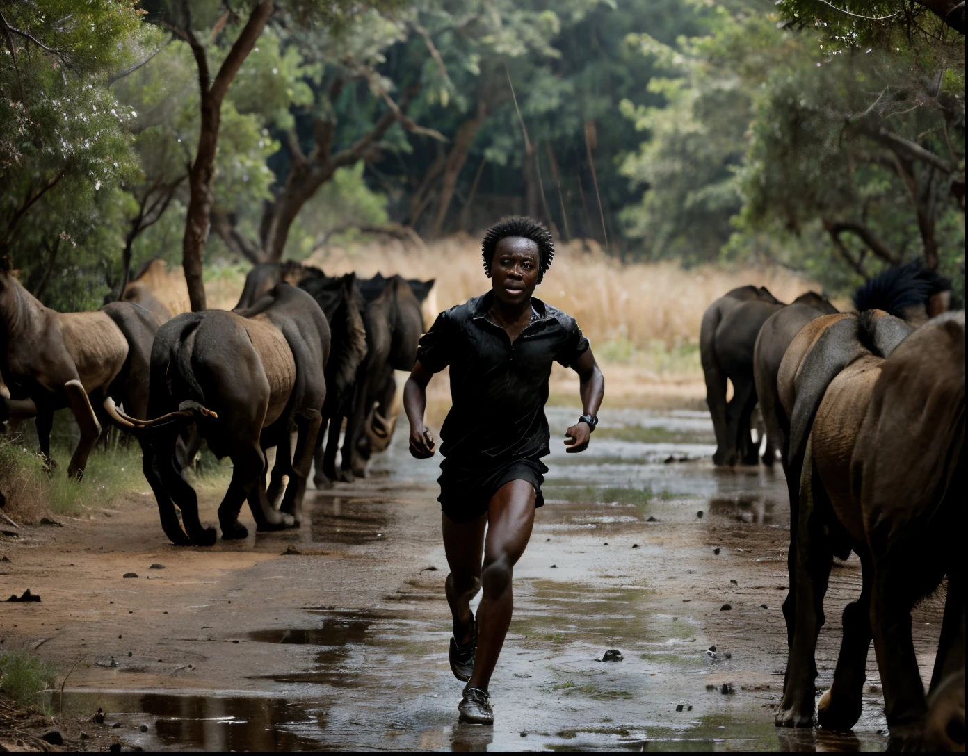 A black African child running in a midst forest surrounded with lions at the back, with horror surounding environments like light dark and rain