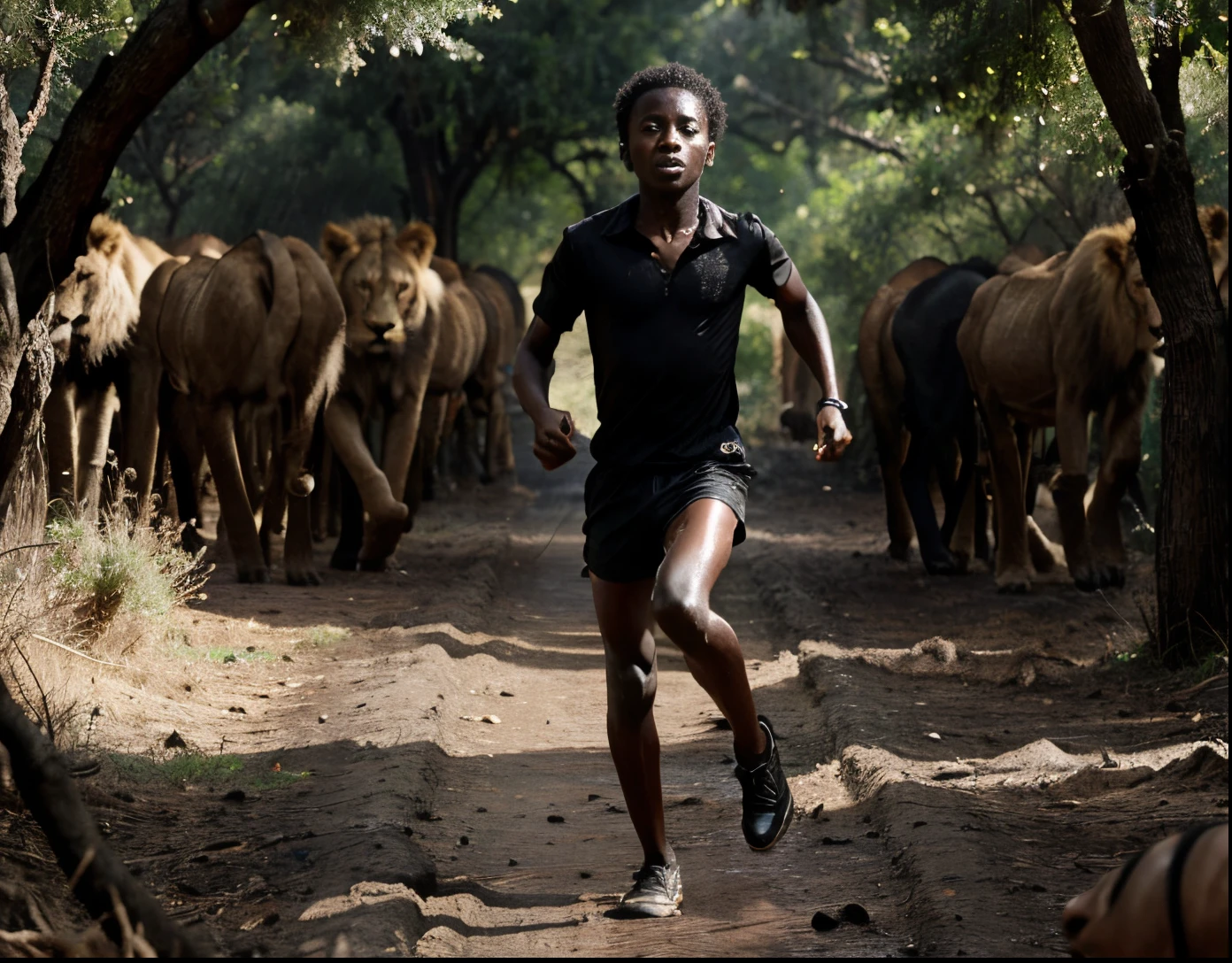 A black African child running in a midst forest surrounded with lions at the back, with horror surounding environments like light dark and rain